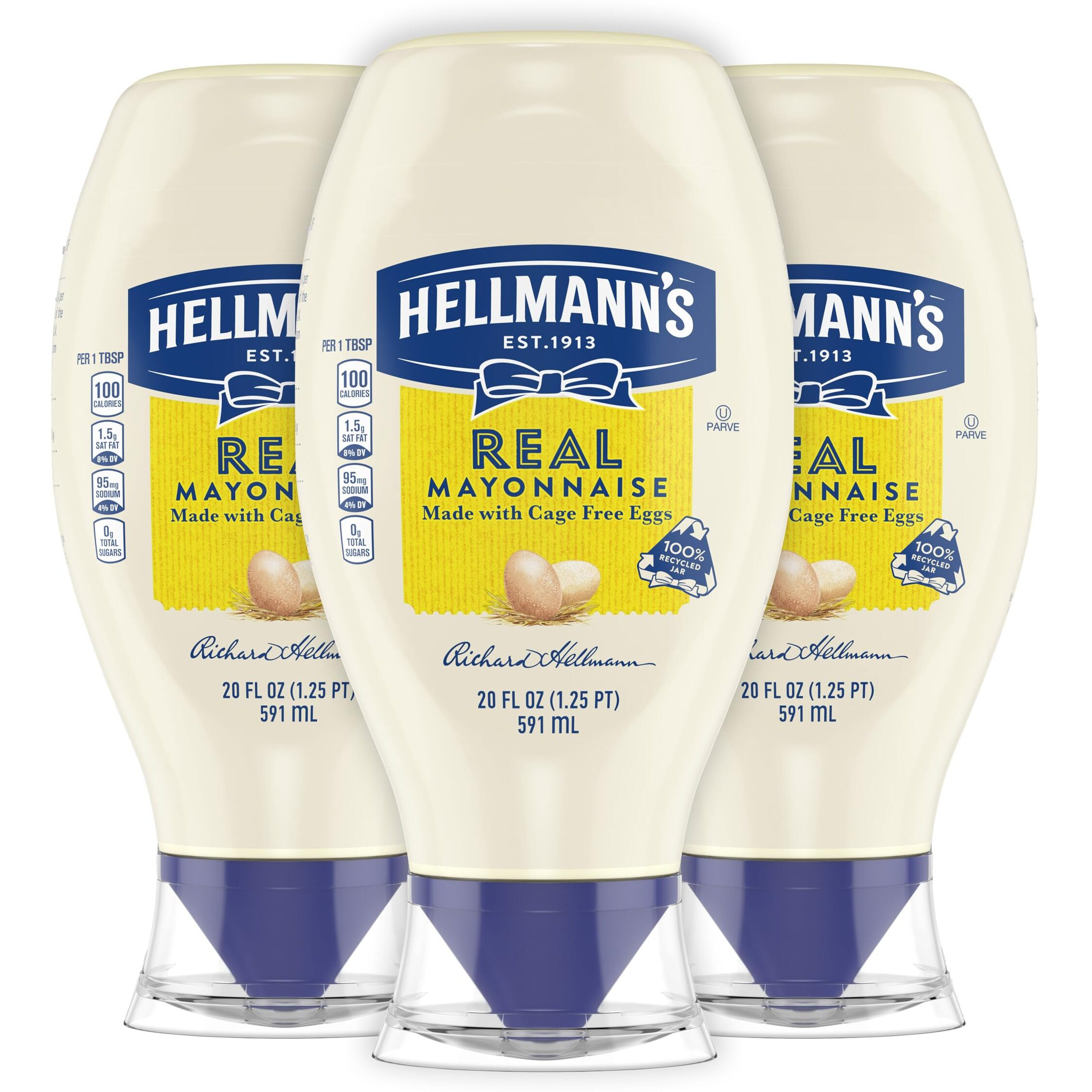 Hellmann's Real Mayonnaise Squeeze Bottle 3 Count A Rich Creamy Condiment Gluten Free, Made With 100% Cage-Free Eggs 20 Oz
