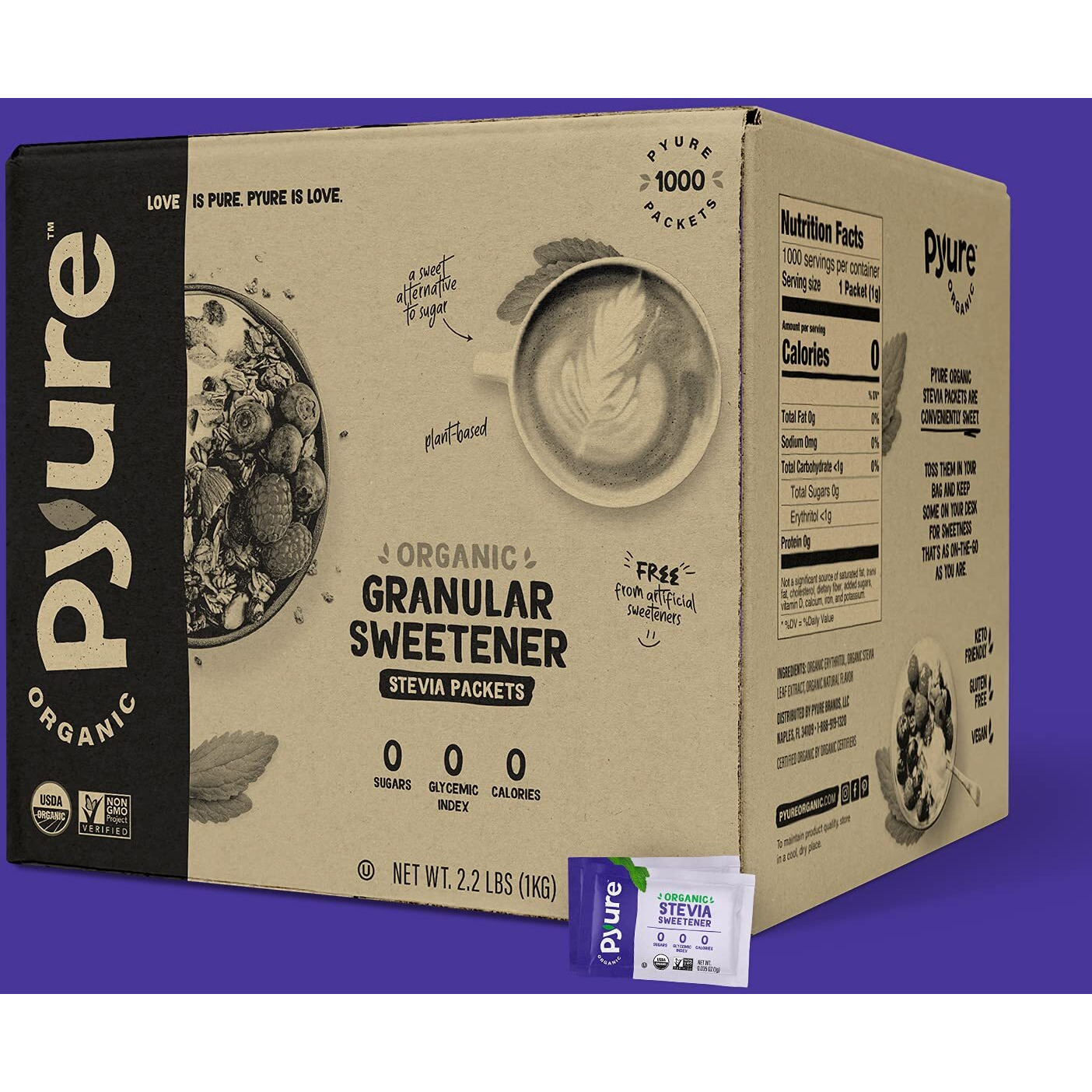 Pyure Organic Stevia Packets | Granulated Sugar Packets - White Sugar Substitute | Zero Carb, Zero Sugar, Zero Calorie Sweetener Packets | Plant-Based Stevia Packets For Keto Coffee | 1000 Count