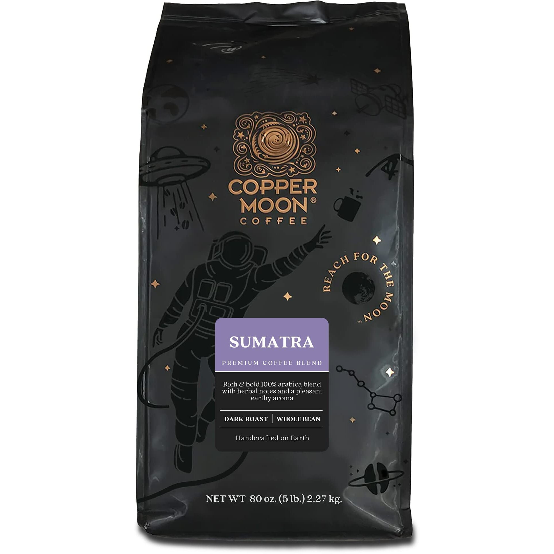Copper Moon Whole Bean Coffee, Dark Roast, Sumatra Blend, 5 Lb