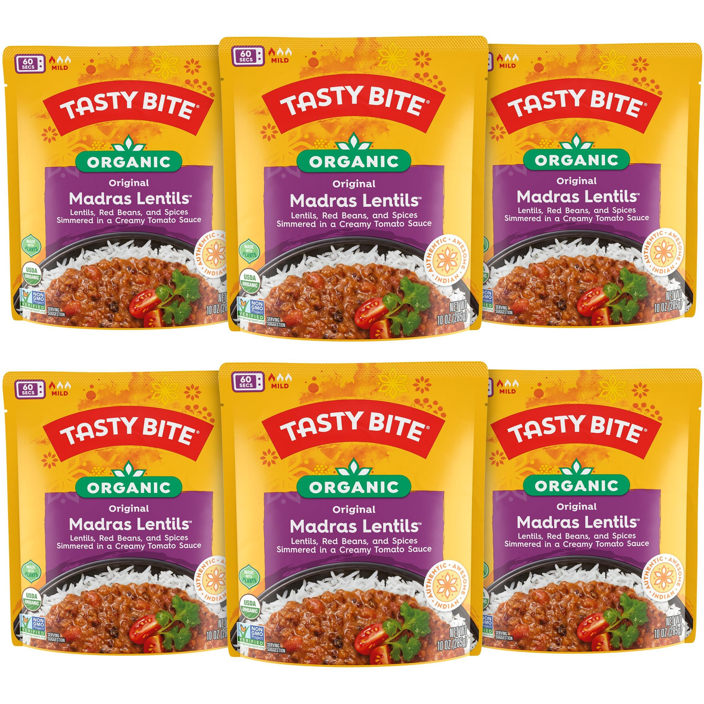 Tasty Bite Organic Madras Lentils, 10 Ounce, Pack Of 6, Ready To Eat, Microwavable Entree, Vegetarian