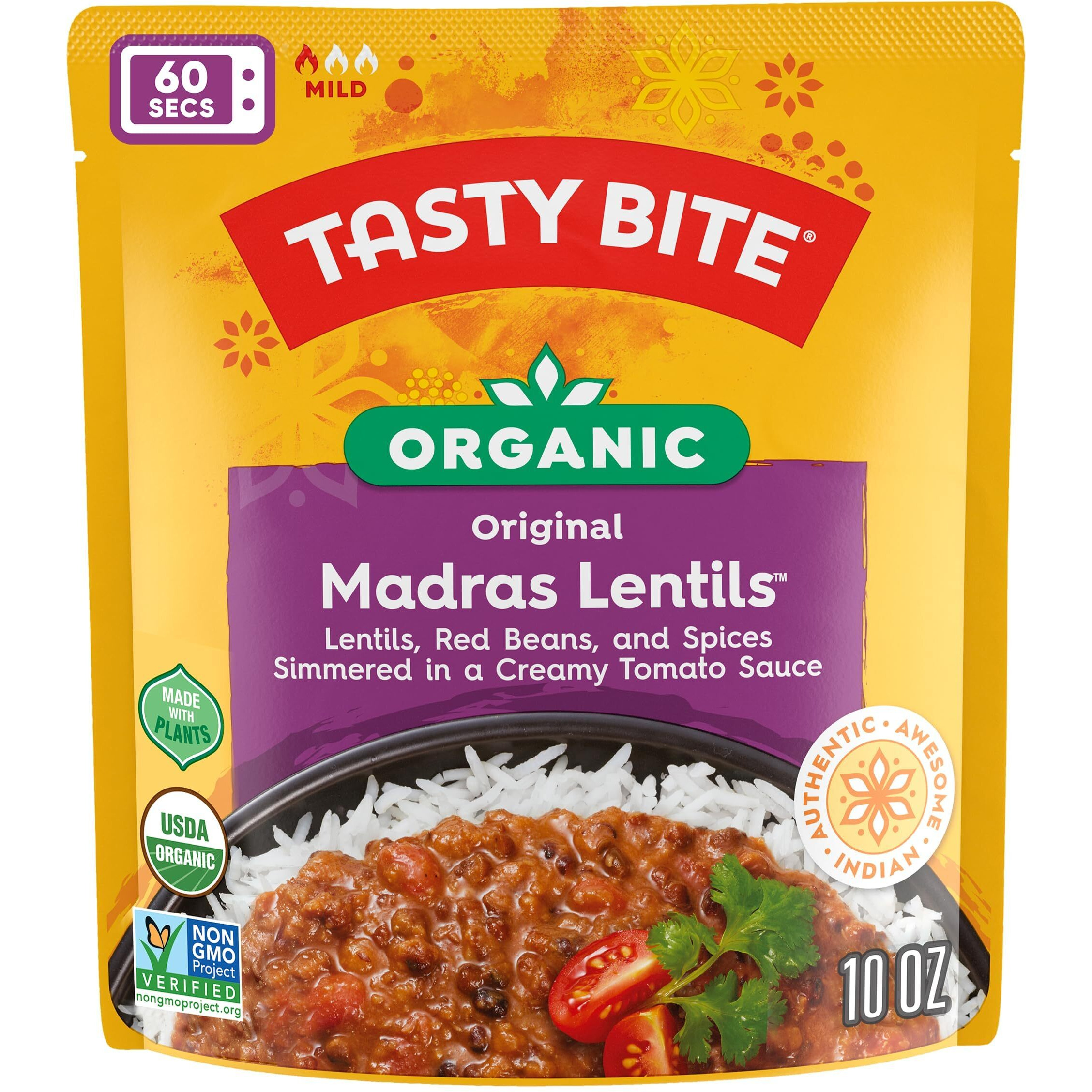 Tasty Bite Organic Madras Lentils, 10 Ounce, Pack Of 6, Ready To Eat, Microwavable Entree, Vegetarian