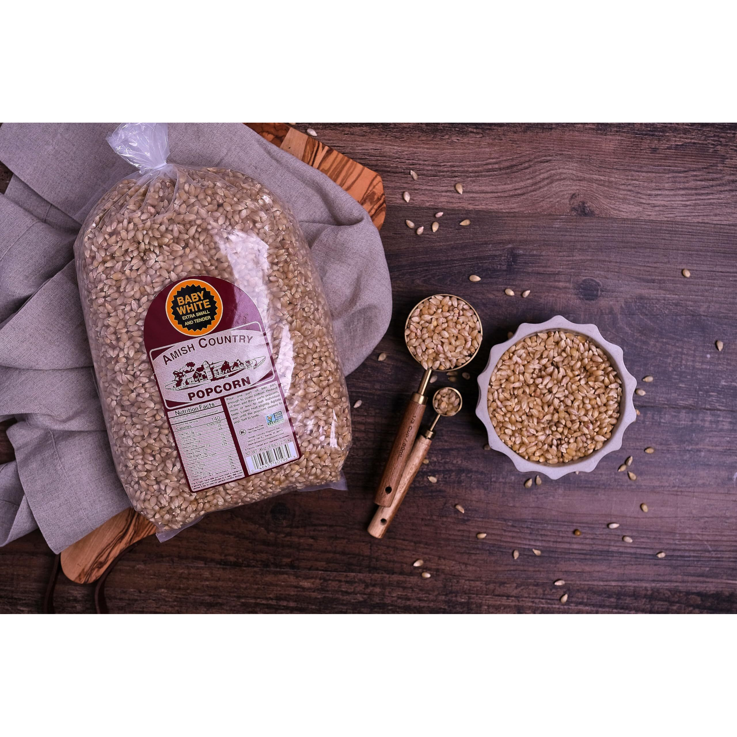 Amish Country Popcorn - Baby White (6 Pound Bag) - Small & Tender Popcorn - Old Fashioned And Delicious With Recipe Guide