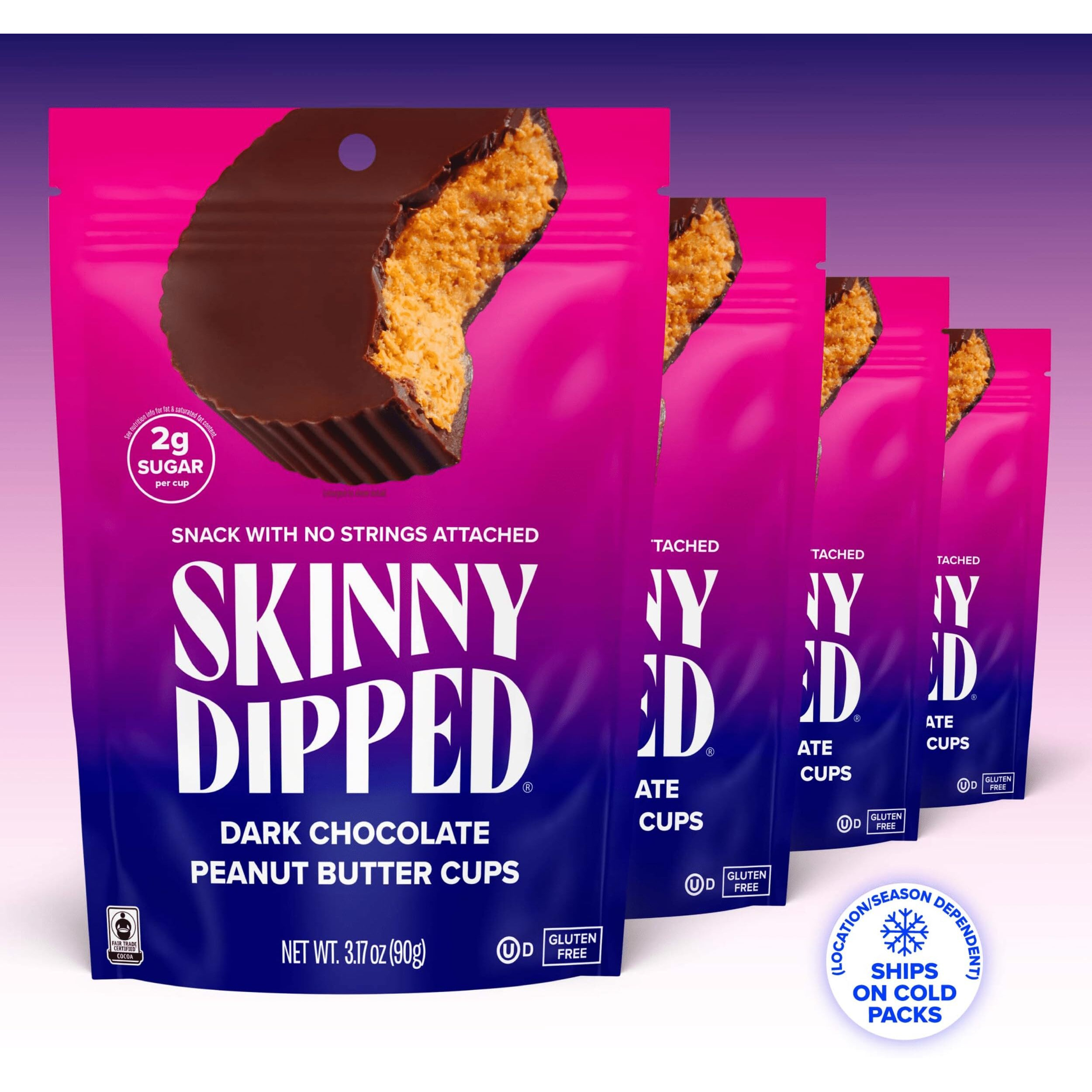 Skinnydipped Dark Chocolate Peanut Butter Cups, 2G Sugar Per Cup, Keto Friendly, No Palm Oil, Gluten Free, 3.2Oz, 4 Pack (24 Cups Total)