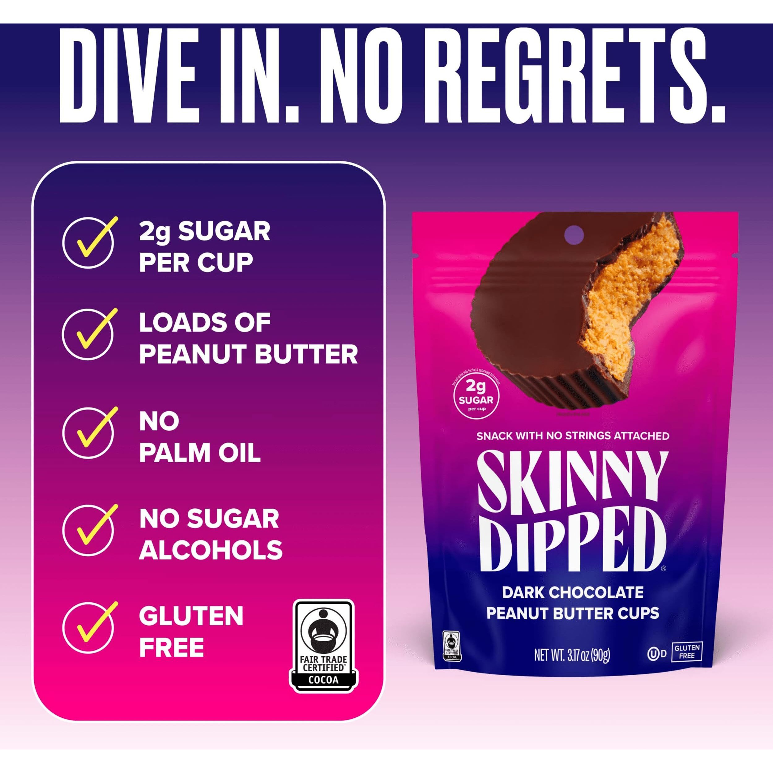 Skinnydipped Dark Chocolate Peanut Butter Cups, 2G Sugar Per Cup, Keto Friendly, No Palm Oil, Gluten Free, 3.2Oz, 4 Pack (24 Cups Total)