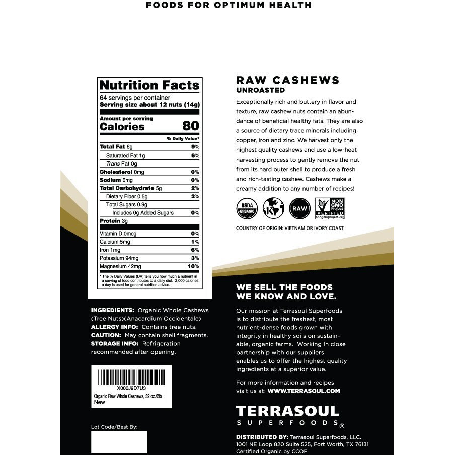 Terrasoul Superfoods Organic Raw Cashews, 2 Lbs, Premium Quality For Snacking, Baking, And Culinary Creations
