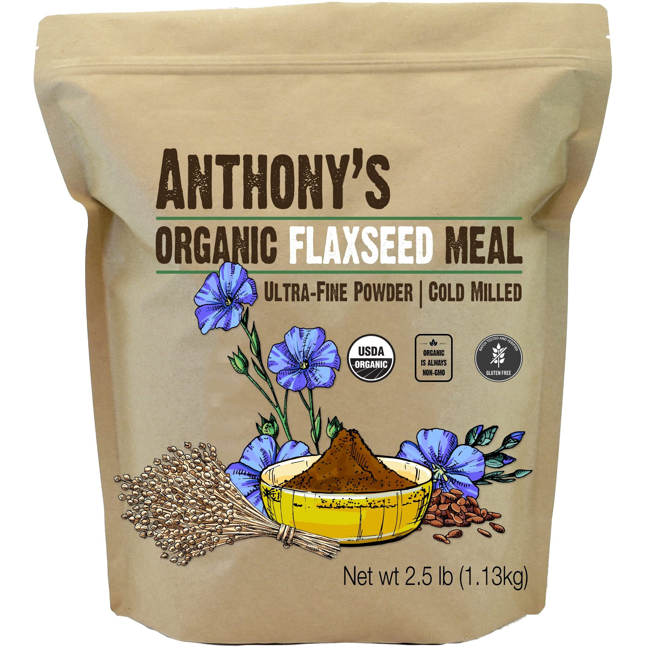 Anthony's Organic Flaxseed Meal, 2.5 Lb, Gluten Free, Ground Ultra Fine Powder, Cold Milled, Keto Friendly
