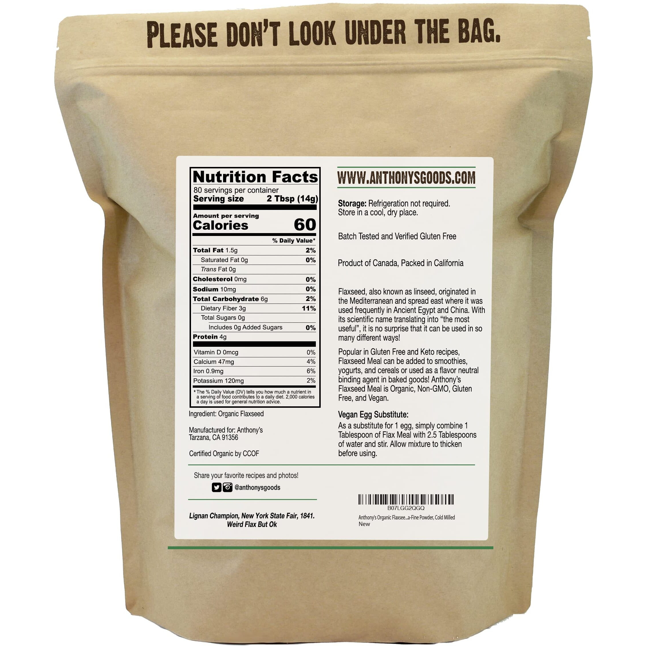 Anthony's Organic Flaxseed Meal, 2.5 Lb, Gluten Free, Ground Ultra Fine Powder, Cold Milled, Keto Friendly