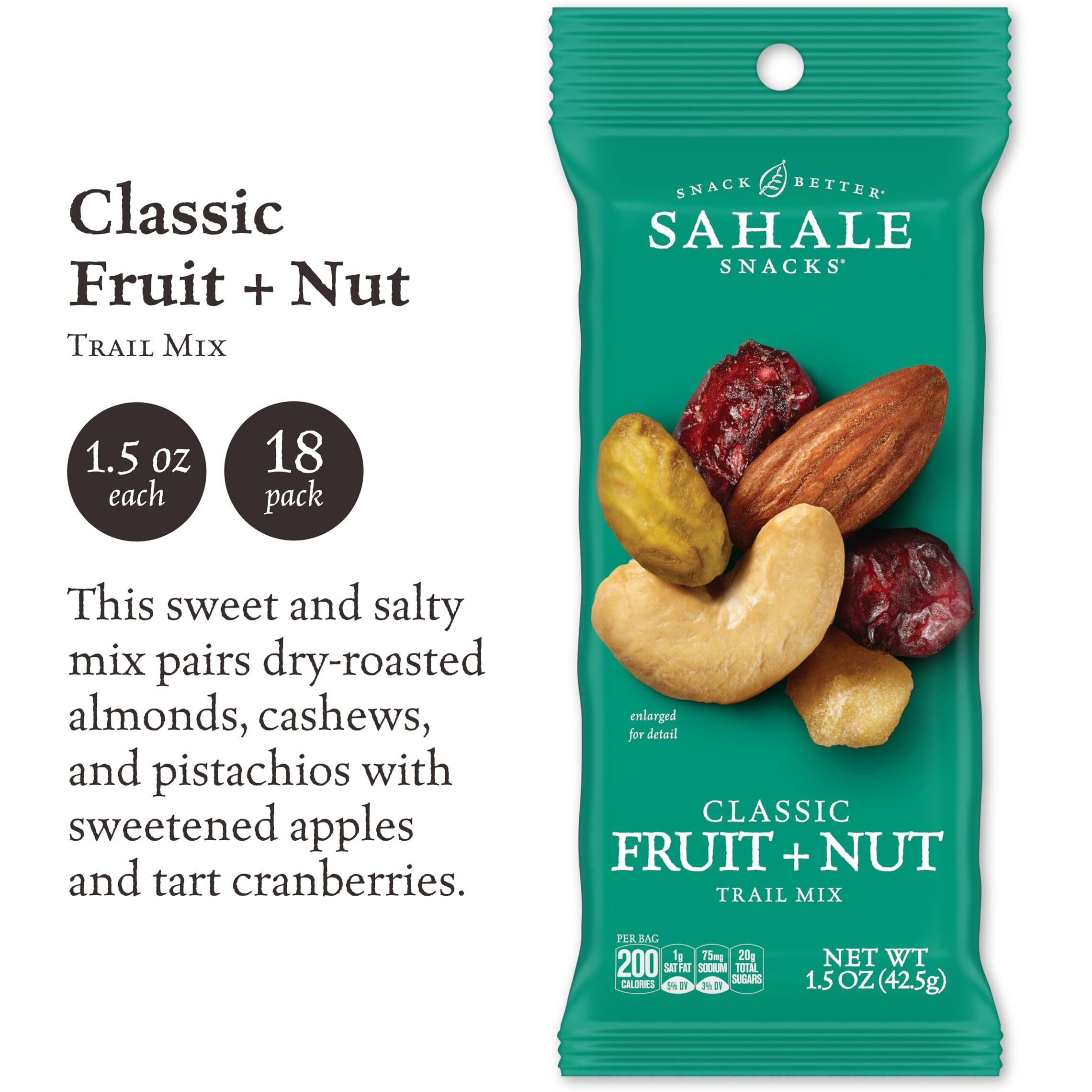 Sahale Snacks Classic Fruit And Nut Trail Mix, 1.5 Oz Grab & Go Bags (18 Packs) - Dry-Roasted Deluxe Mixed Nuts With Apples And Cranberries - Non-Gmo, Kosher Trail Mix & Certified Gluten-Free Snacks