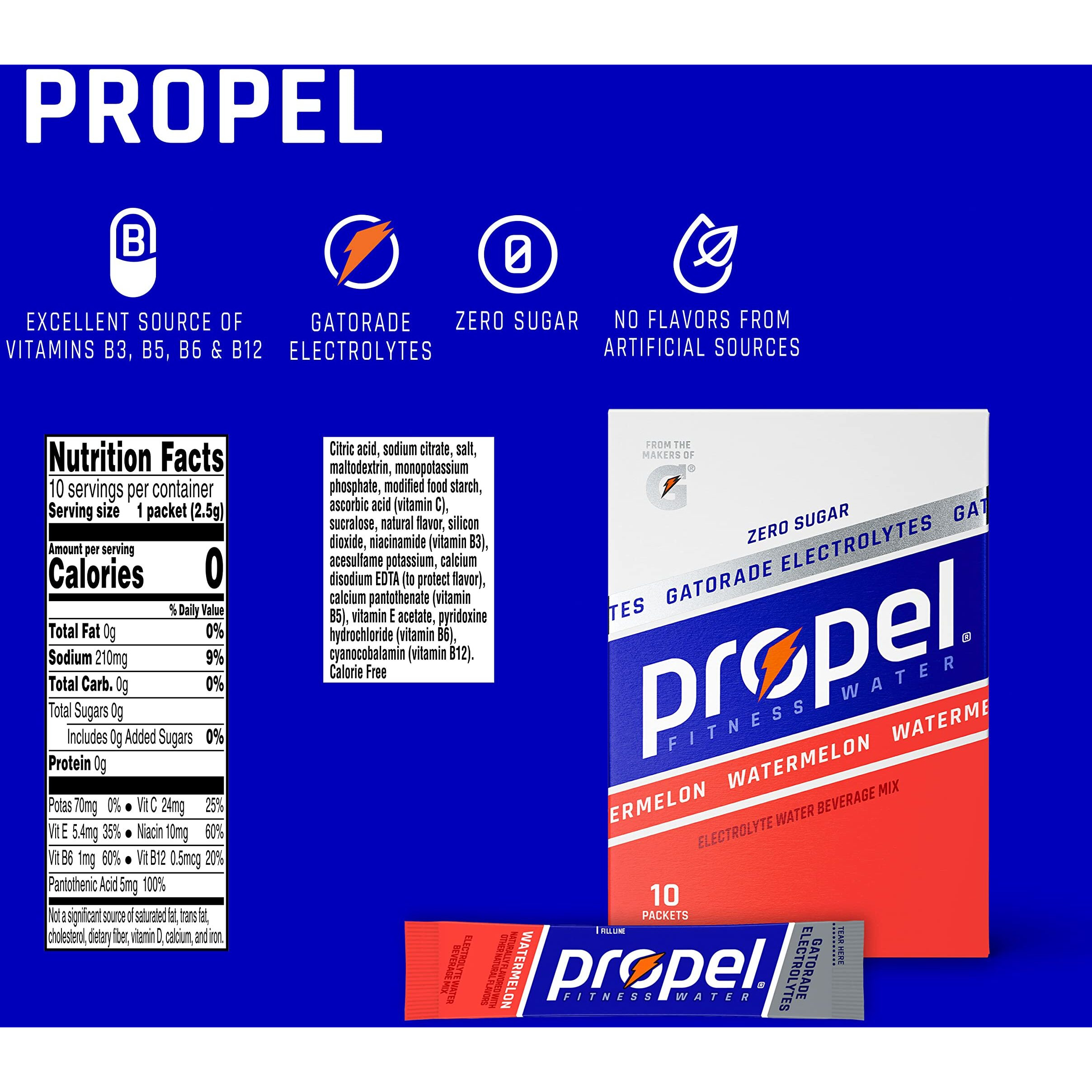 Propel Powder Packets. Watermelon With Electrolytes, Vitamins And No Sugar, 10 Count (Pack Of 12) - Packaging May Vary