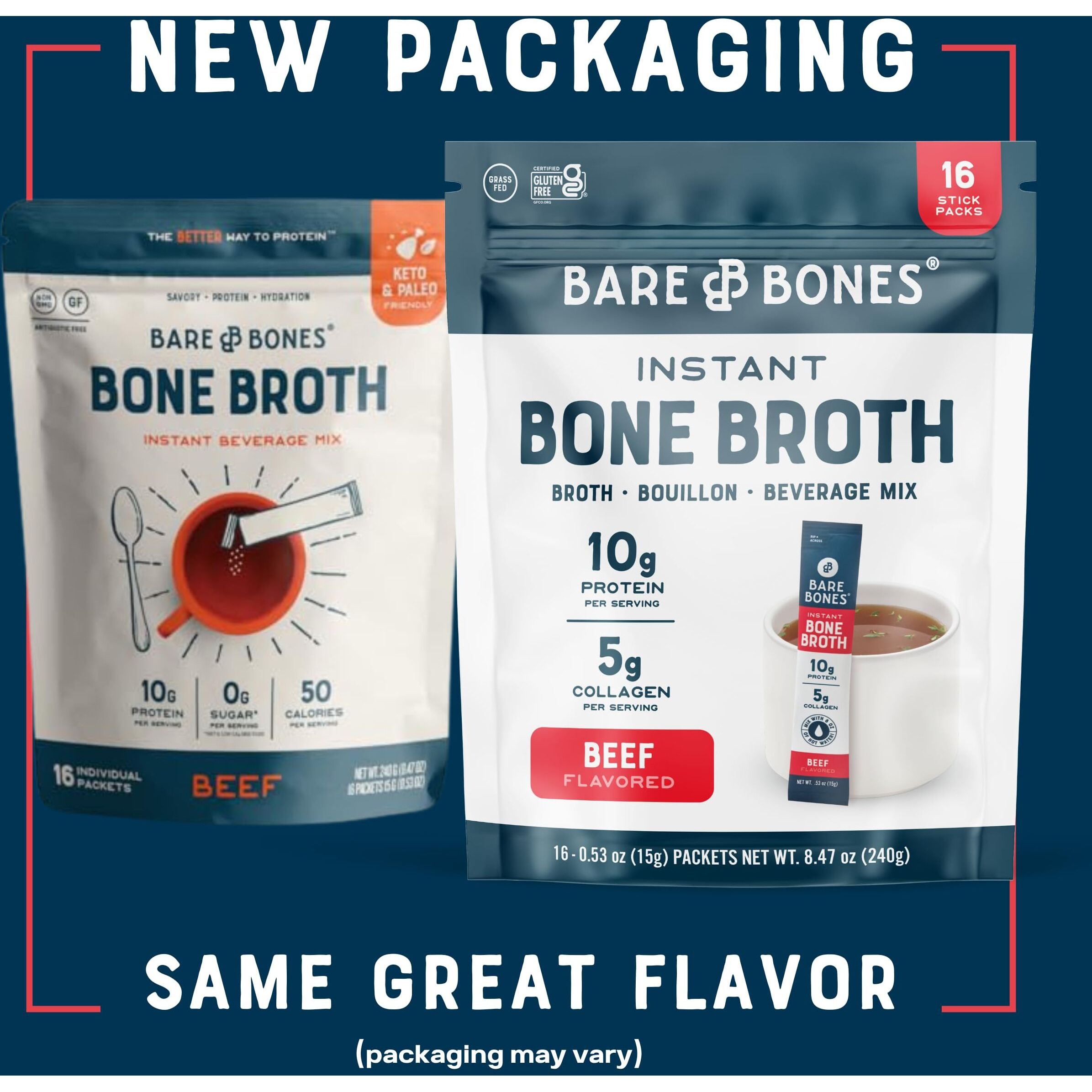 Bare Bones Beef Bone Broth Instant Powdered Mix | Rich Savory Packets On-The-Go No Artificial Flavors | 100% Grass Fed Keto & Paleo Friendly | Sticks 10G Protein | 32 Pack