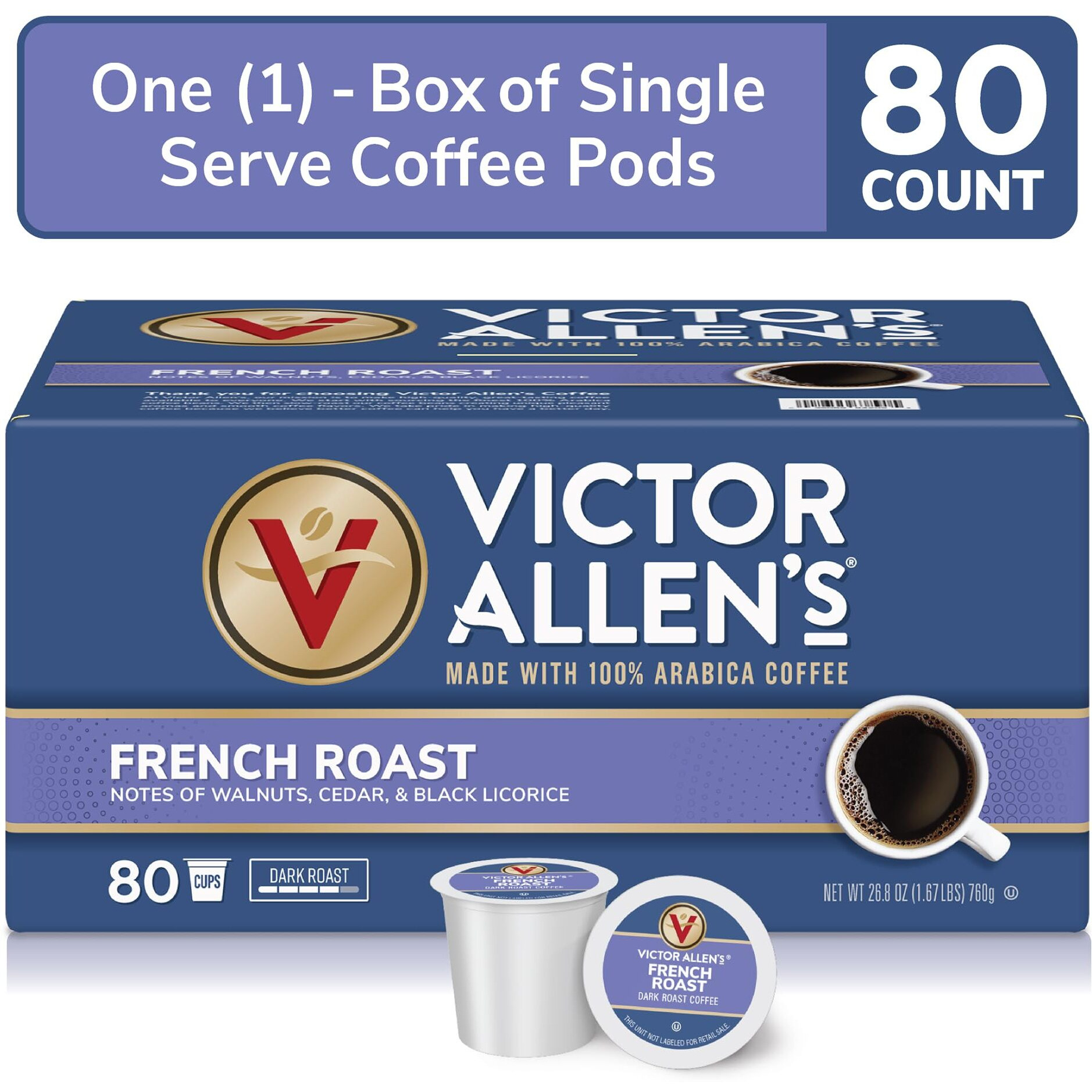 Victor Allen's Coffee French Roast, Dark Roast, 80 Count, Single Serve Coffee Pods For Keurig K-Cup Brewers