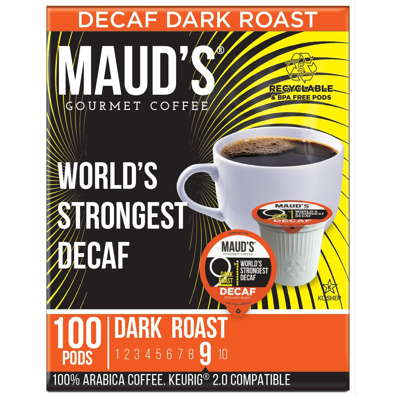 Maud's Decaf World's Strongest Dark Roast Coffee Pods, 100 Ct | Decaf World's Strongest | 100% Arabica Dark Roast Coffee | Solar Energy Produced Recyclable Pods Compatible With Keurig K Cups Maker