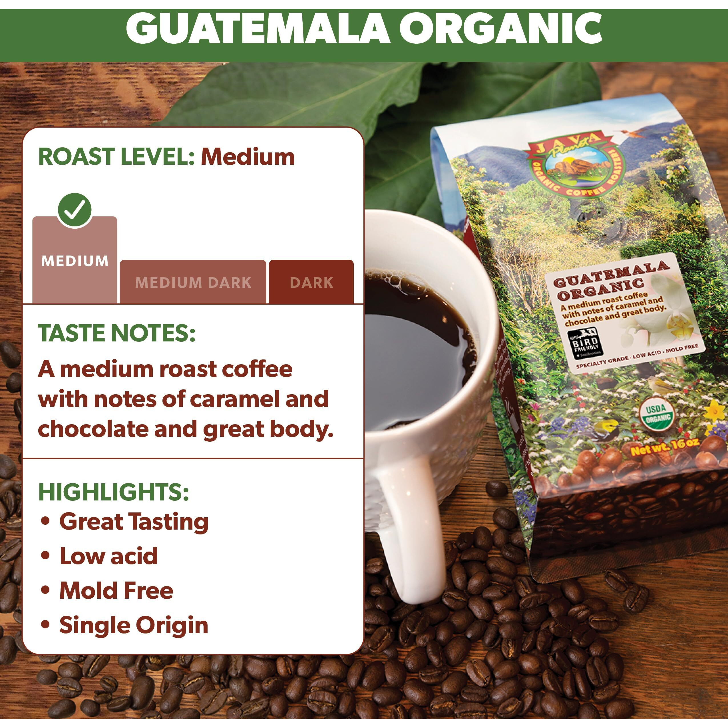 Java Planet Low Acid Coffee, Organic Guatemala Single Origin Whole Bean Medium Roast - Smooth Full Flavored Coffee Bean, Smithsonian Bird Friendly 1Lb Bag