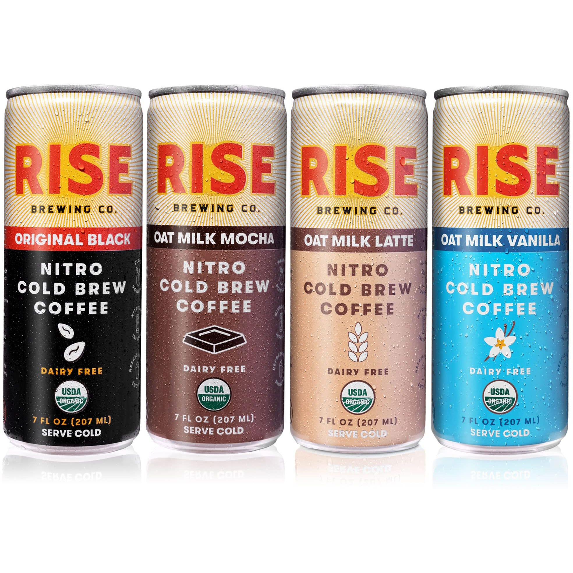 Rise Brewing Co. Nitro Cold Brew Coffee, Organic, Non-Gmo, Clean Energy & Low Acidity, 3X Original Black, Oat Milk Latte, Oat Milk Mocha & Oat Milk Vanilla, 7 Fl. Oz. Cans (12 Pack)
