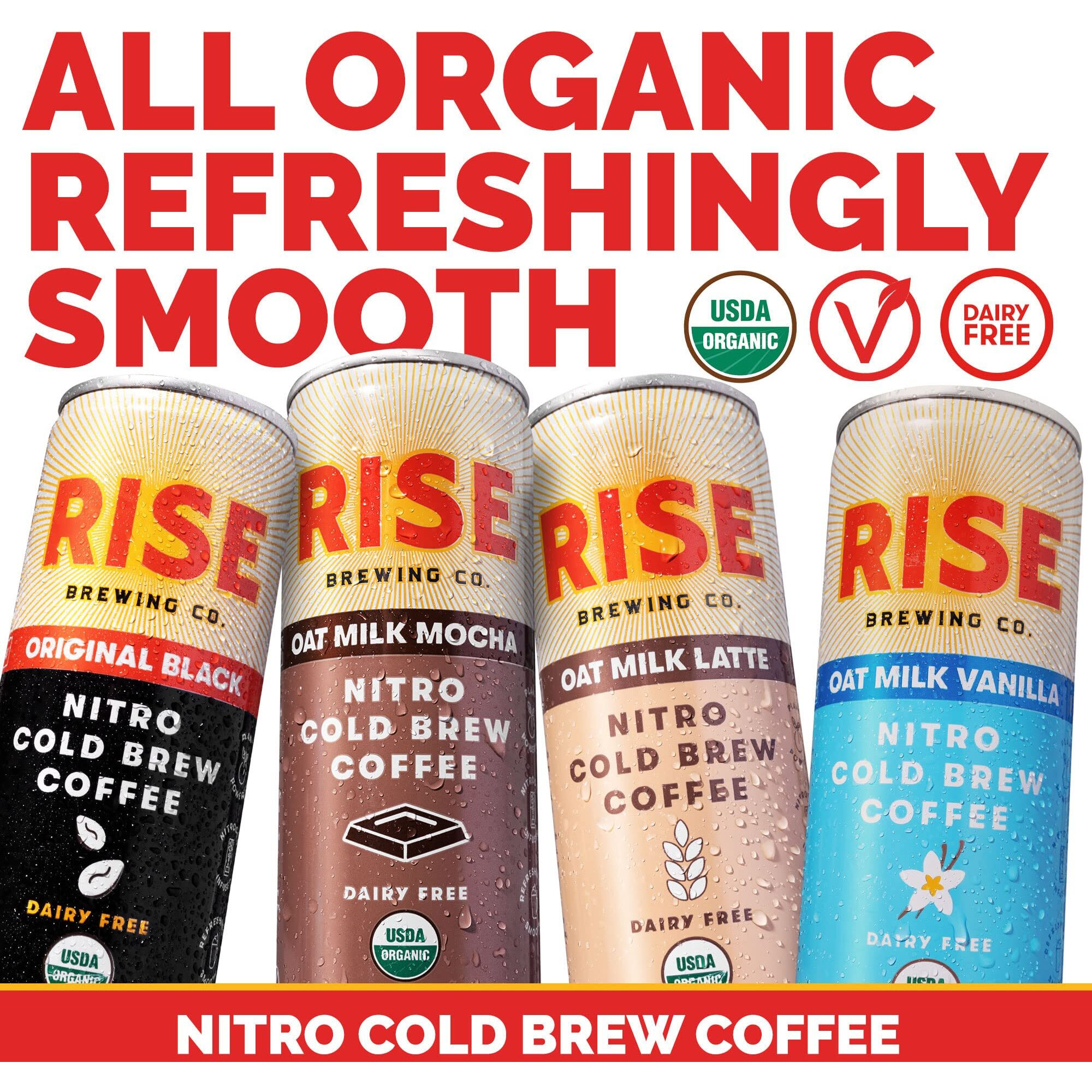 Rise Brewing Co. Nitro Cold Brew Coffee, Organic, Non-Gmo, Clean Energy & Low Acidity, 3X Original Black, Oat Milk Latte, Oat Milk Mocha & Oat Milk Vanilla, 7 Fl. Oz. Cans (12 Pack)