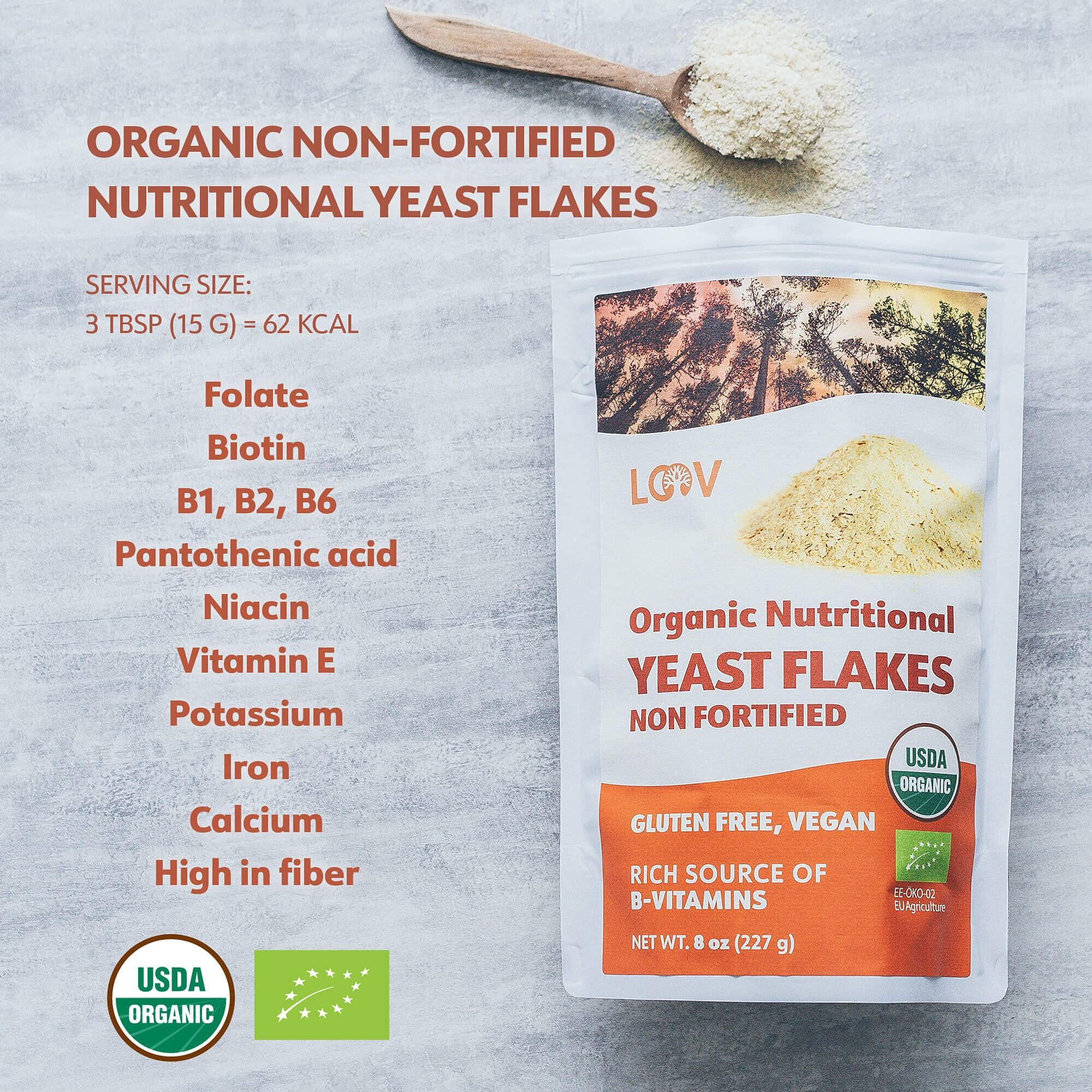 Loov Organic Non-Fortified Nutritional Yeast Flakes - Vegan, Gluten Free, Non-Gmo Unfortified Nooch - Good Source Of Natural B-Vitamins - No Added Salt Or Sugar - Resealable Bag, 8 Ounces (227 Grams)