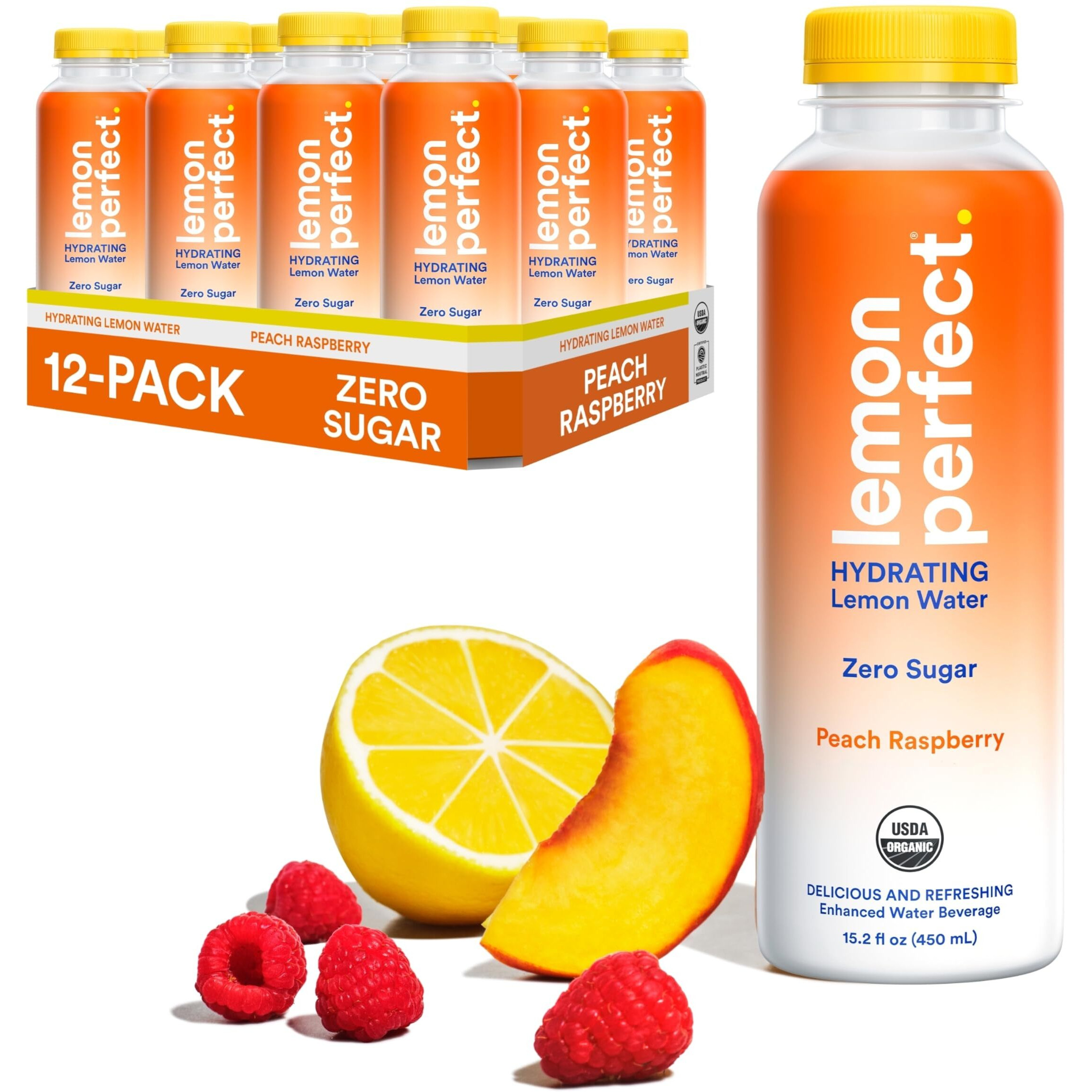 Lemon Perfect Peach Raspberry, Hydrating Flavored Lemon Water, Zero Sugar, Delicious And Refreshing, Organic, 15.2 Fl Oz Bottles (12-Pack)