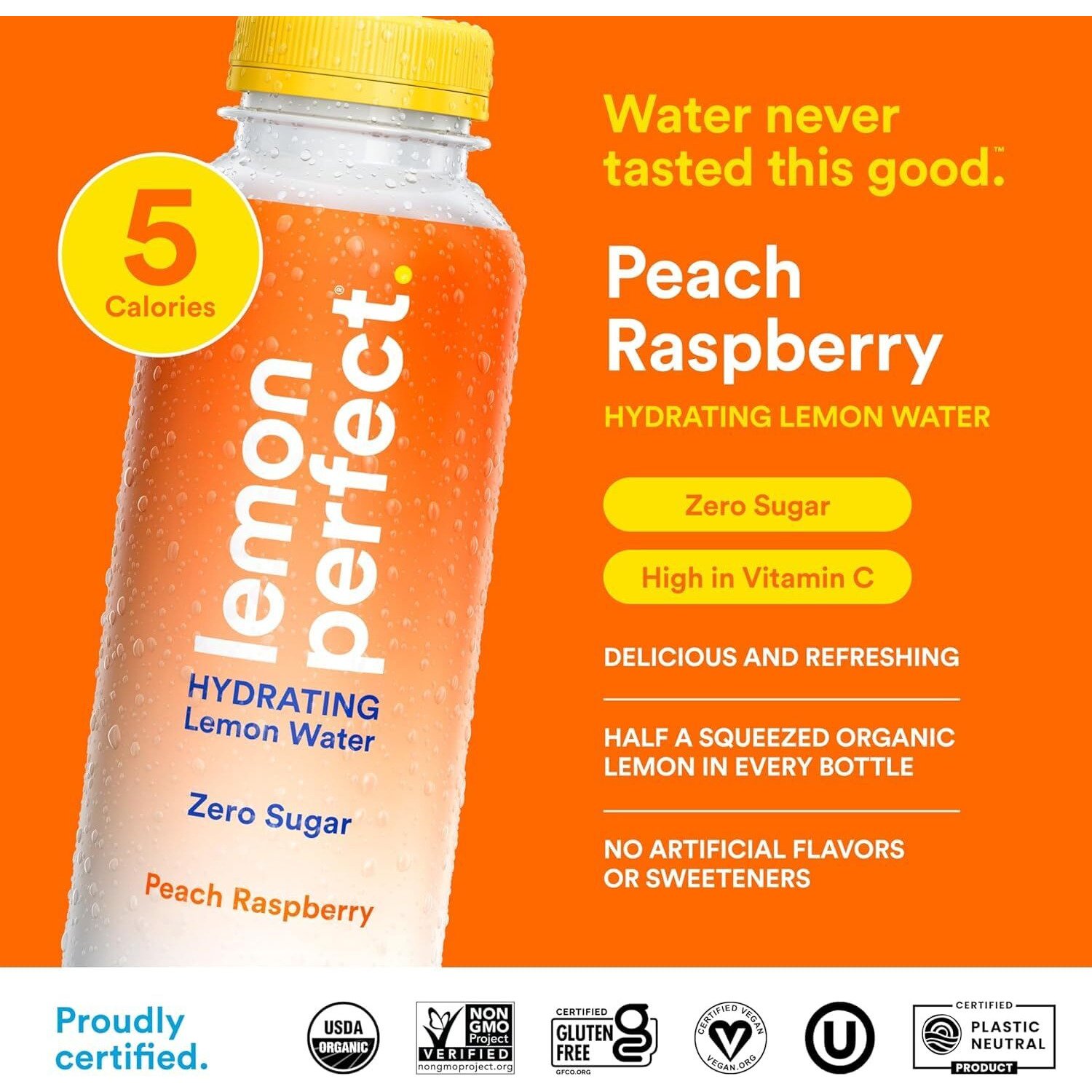 Lemon Perfect Peach Raspberry, Hydrating Flavored Lemon Water, Zero Sugar, Delicious And Refreshing, Organic, 15.2 Fl Oz Bottles (12-Pack)