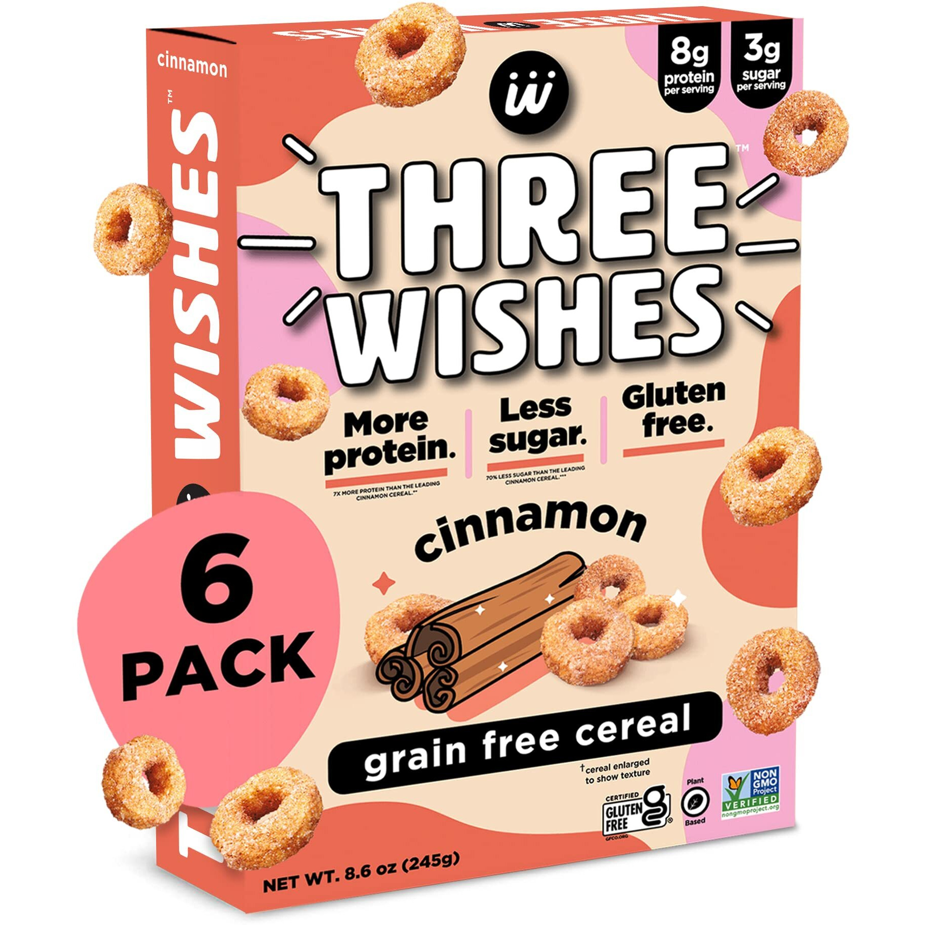 Plant-Based And Vegan Breakfast Cereal By Three Wishes - Cinnamon, 6 Pack - More Protein And Less Sugar Snack - Gluten-Free, Grain-Free - Non-Gmo