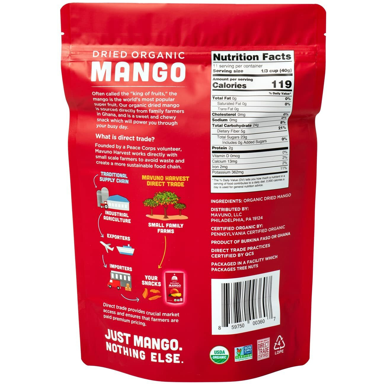 Mavuno Harvest Mango Dried Fruit Snacks | Unsweetened Organic Dried Mango Slices | Gluten Free Healthy Snacks For Kids And Adults | Vegan, Non Gmo, Direct Trade | 1 Pound Resealable Bag
