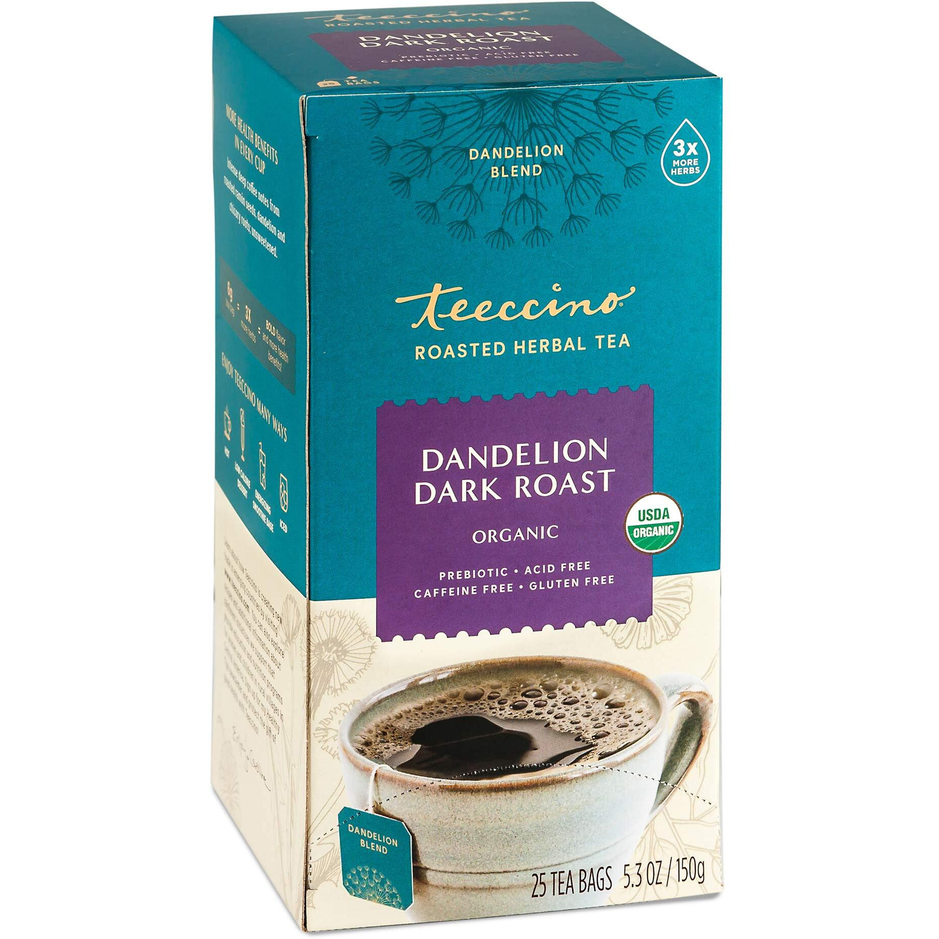 Teeccino Dandelion Herbal Tea - Dark Roast - Caffeine Free, Prebiotic, Gluten Free, 3X More Herbs - 25 Tea Bags