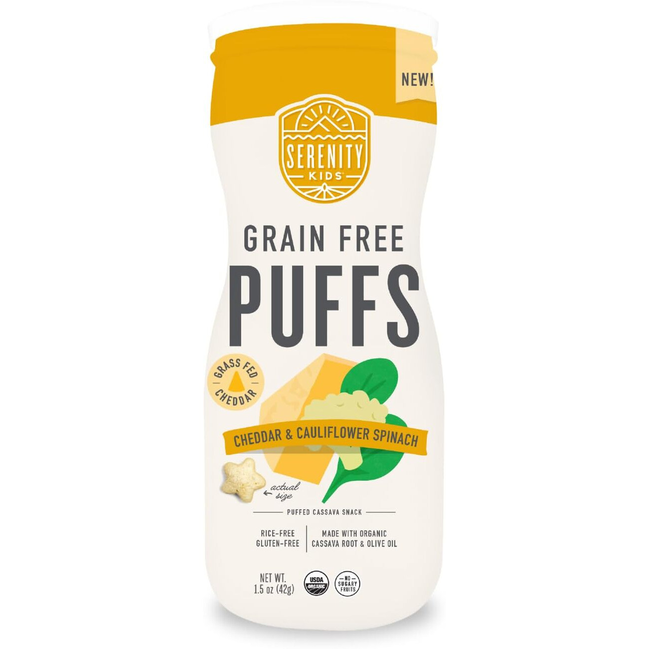 Serenity Kids 6+ Months Grain Free Puffs Toddler & Baby Snack | No Added Sugar, Gluten & Rice Free, Allergen Free | Made With Organic Cassava, Veggies, & Herbs | White Cheddar & Cauliflower | 6 Count