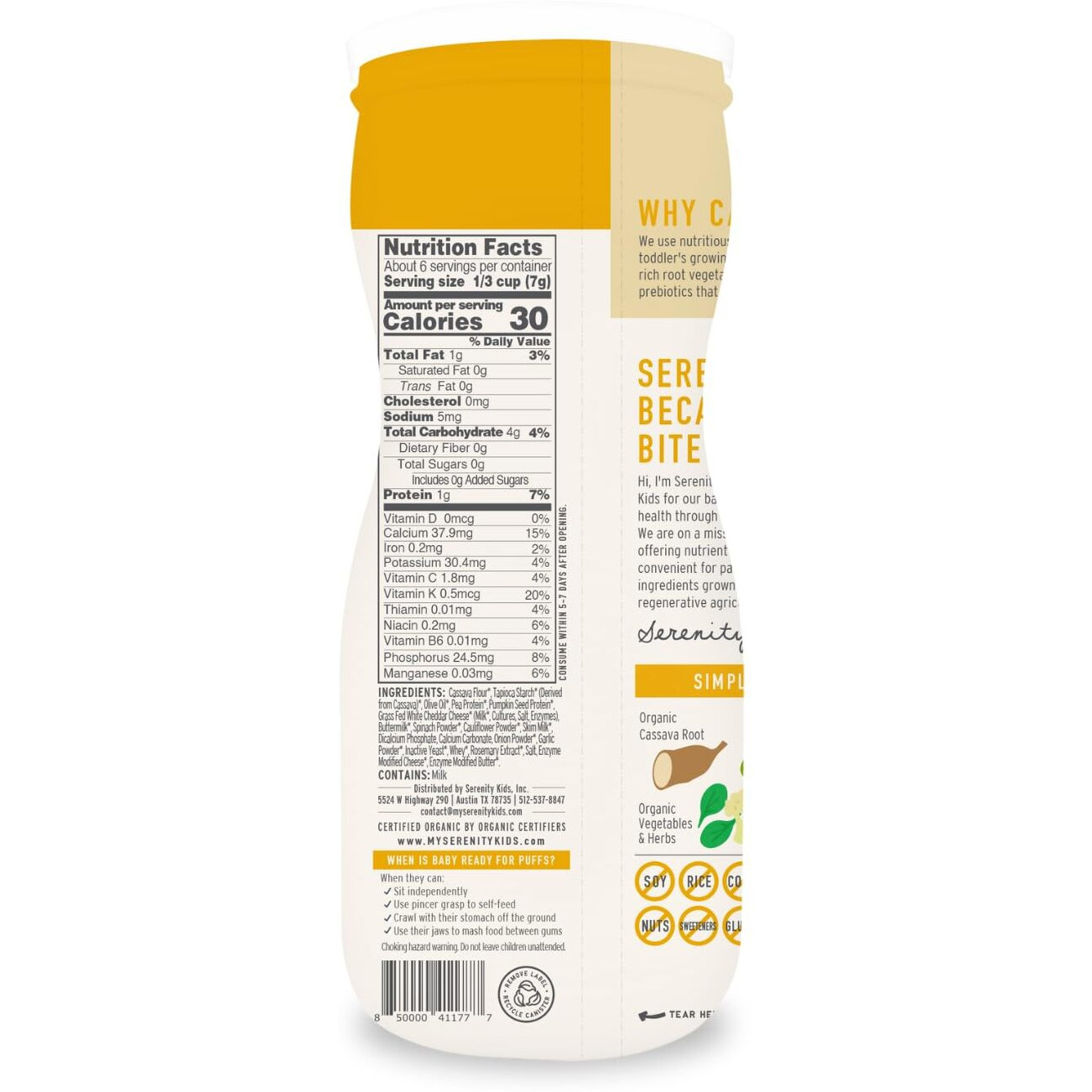 Serenity Kids 6+ Months Grain Free Puffs Toddler & Baby Snack | No Added Sugar, Gluten & Rice Free, Allergen Free | Made With Organic Cassava, Veggies, & Herbs | White Cheddar & Cauliflower | 6 Count