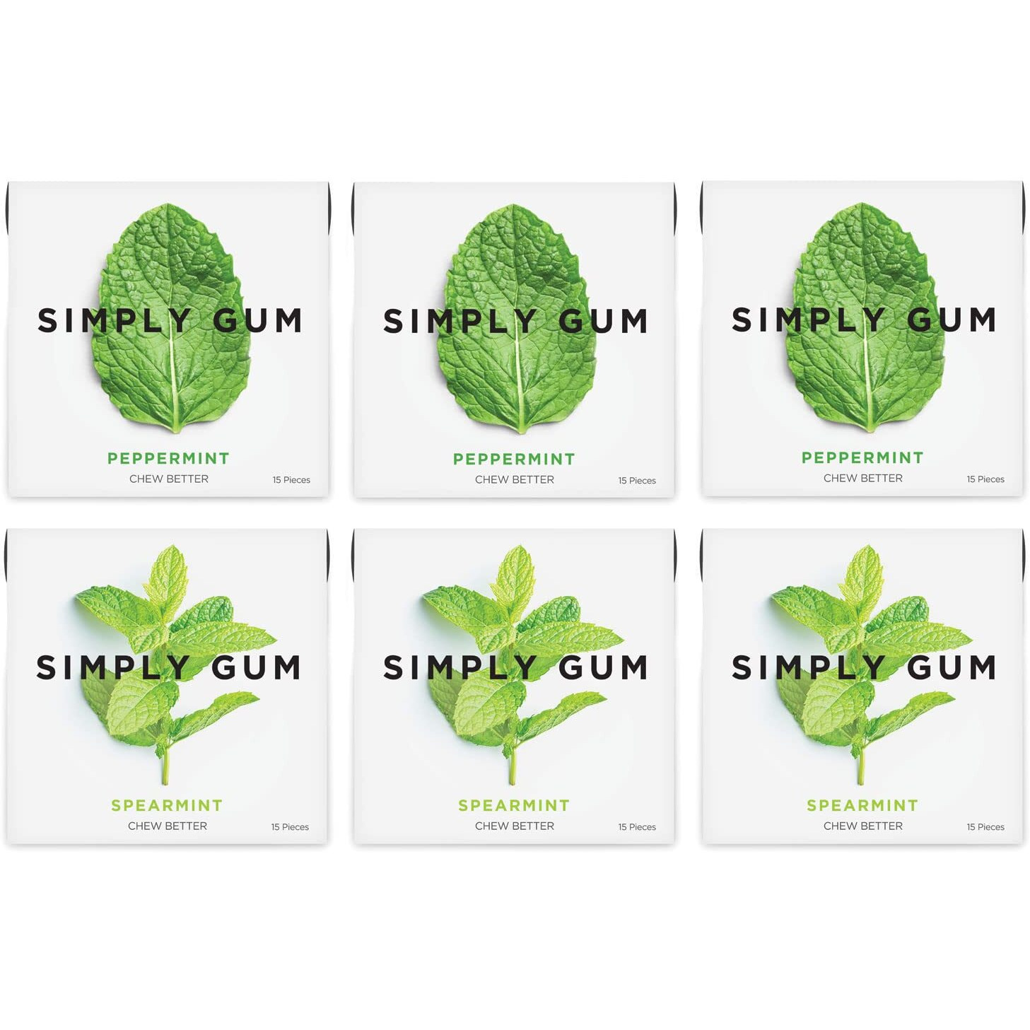 Simply Gum | Variety Pack - Peppermint, Spearmint | Pack Of Six (90 Pieces Total) | Synthetic Free + Aspartame Free + Non Gmo