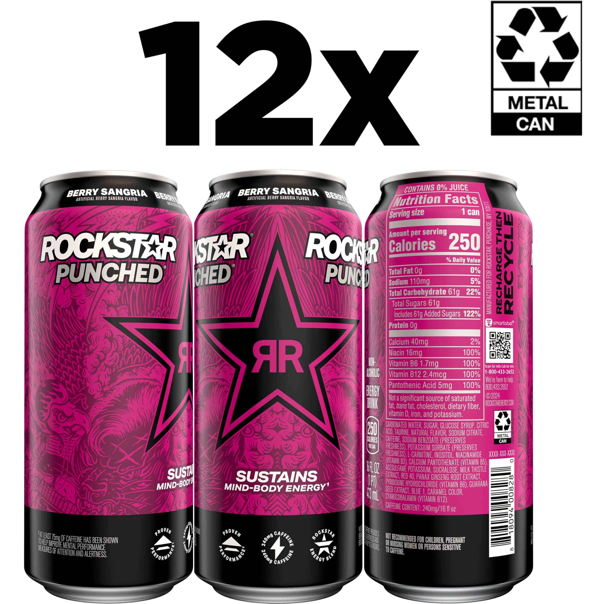 Rockstar Energy Drink Punched Berry Sangria, 16Oz Cans (12 Pack)
