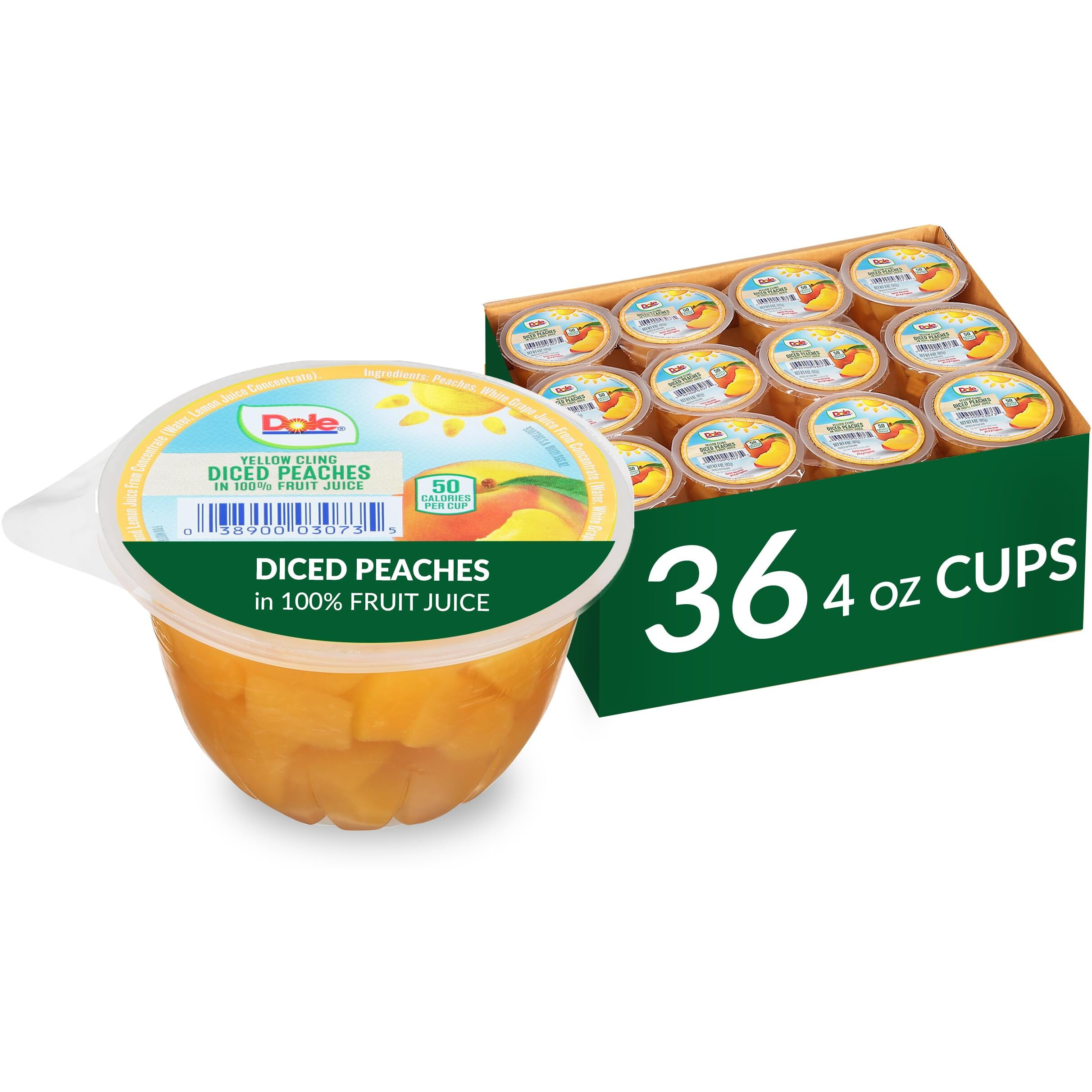 Dole Fruit Bowls Diced Peaches In 100% Juice Snacks, 4Oz 36 Total Cups, Gluten & Dairy Free, Bulk Lunch Snacks For Kids & Adults