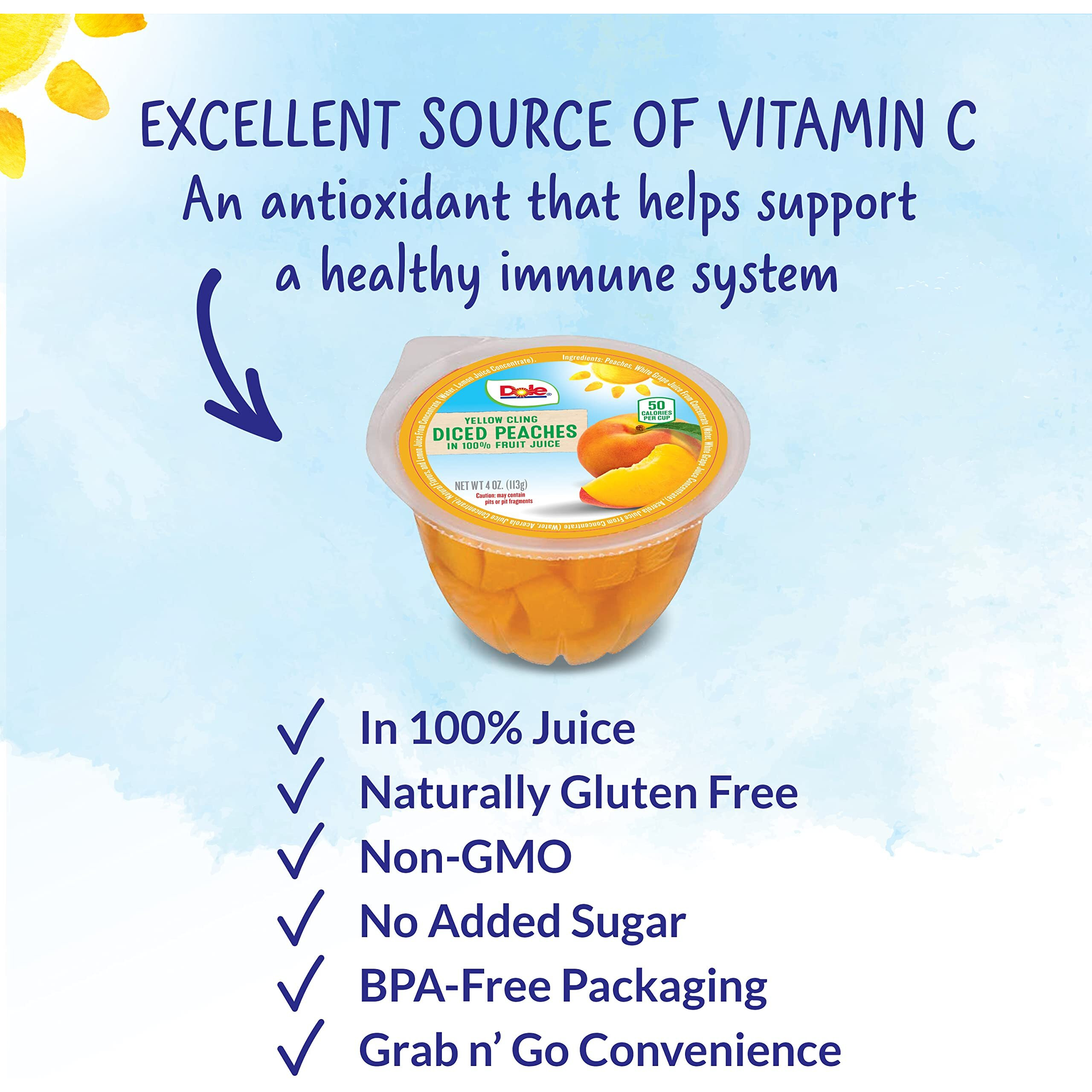 Dole Fruit Bowls Diced Peaches In 100% Juice Snacks, 4Oz 36 Total Cups, Gluten & Dairy Free, Bulk Lunch Snacks For Kids & Adults