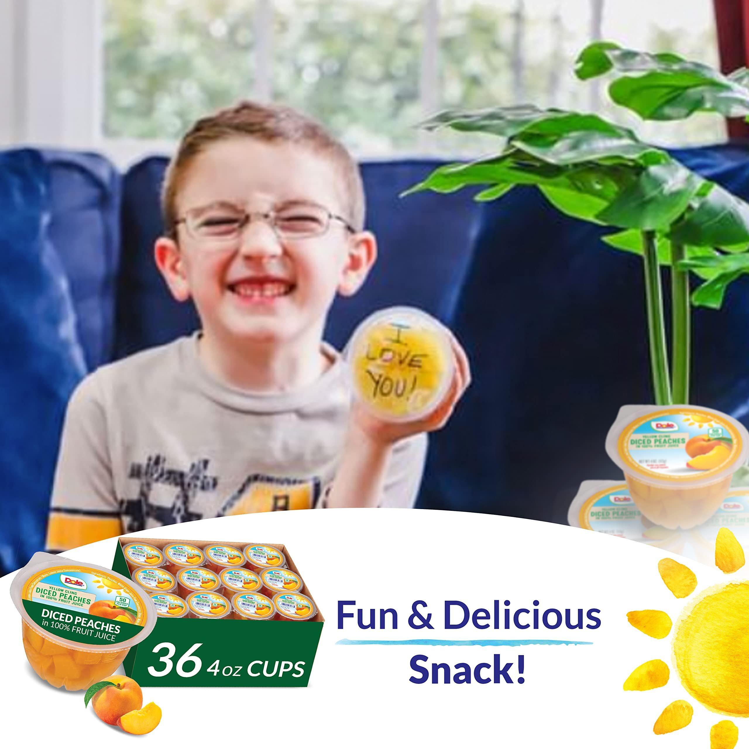 Dole Fruit Bowls Diced Peaches In 100% Juice Snacks, 4Oz 36 Total Cups, Gluten & Dairy Free, Bulk Lunch Snacks For Kids & Adults