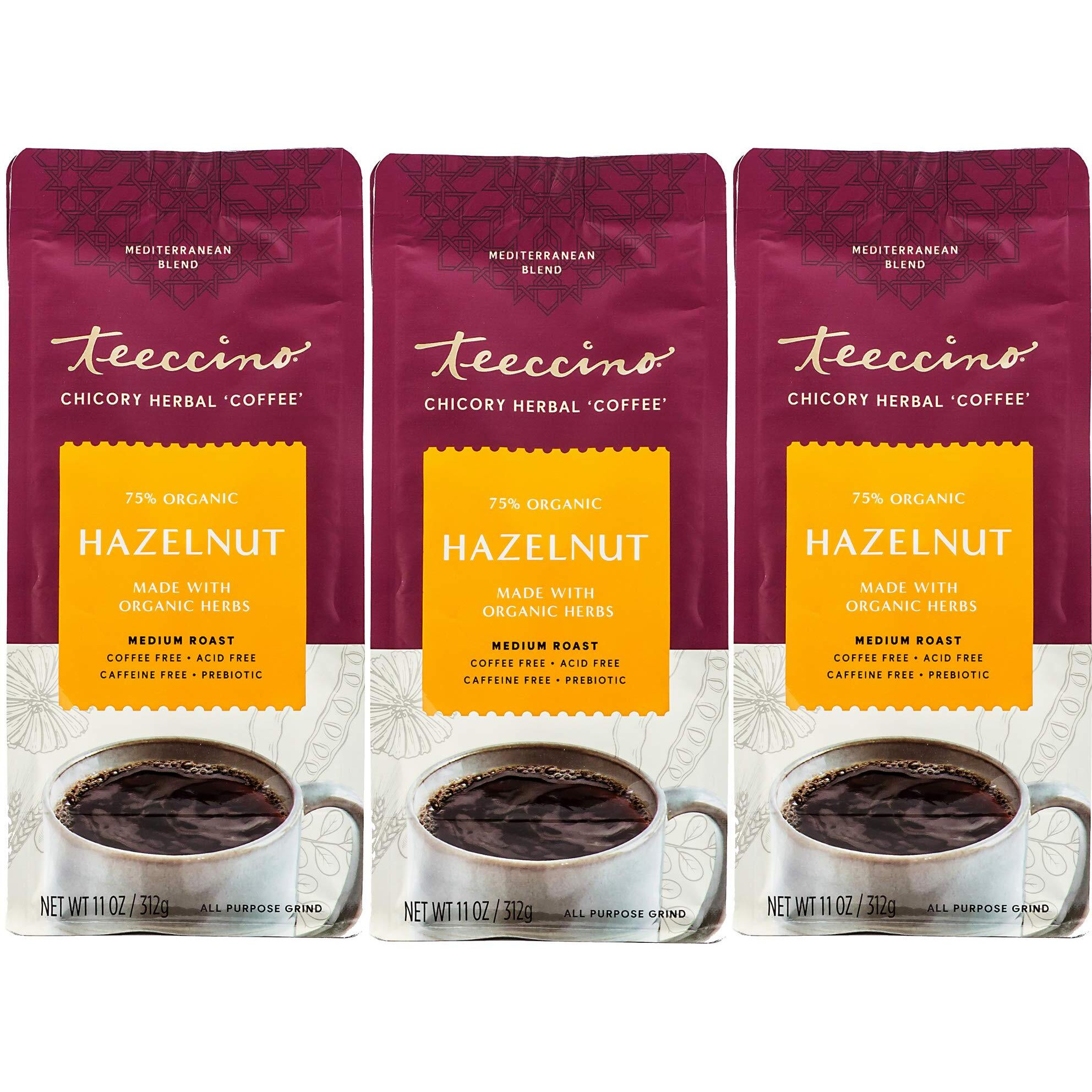 Teeccino Hazelnut Chicory Coffee Alternative - Ground Herbal Coffee Thats Prebiotic, Caffeine Free & Acid Free, Medium Roast, 11 Ounce (Pack Of 3)