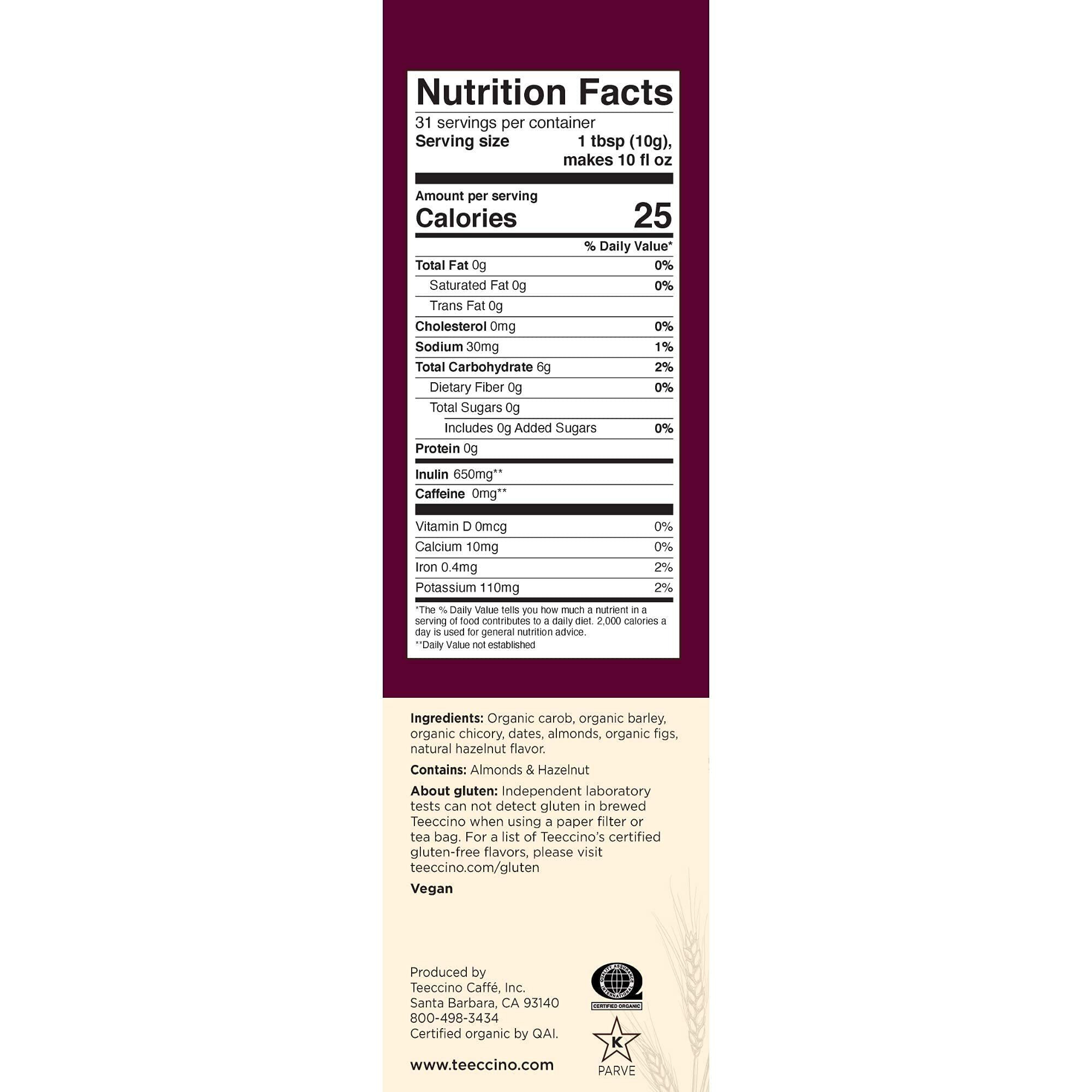 Teeccino Hazelnut Chicory Coffee Alternative - Ground Herbal Coffee Thats Prebiotic, Caffeine Free & Acid Free, Medium Roast, 11 Ounce (Pack Of 3)