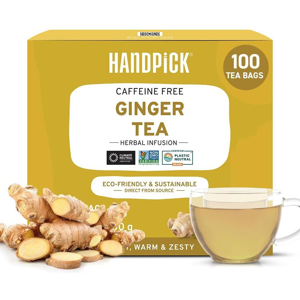 Handpick, Ginger Tea Bags (100 Herbal Tea Bags) Caffeine Free & 100% Pure Ginger Root | Naturally Supports Digestion | Soothing & Spicy Blend | Round Eco Conscious Tea Bags