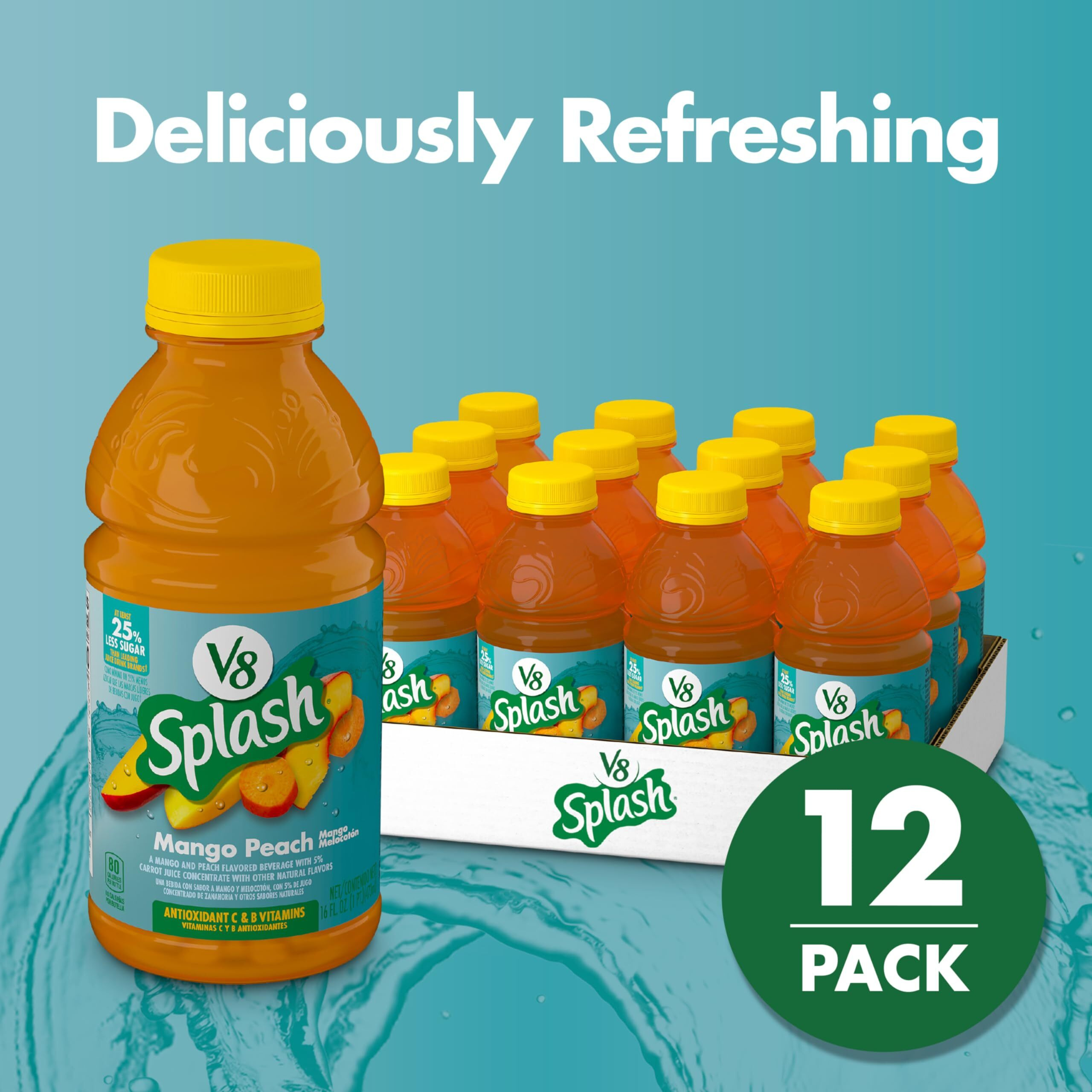 V8 Splash Mango Peach Flavored Juice Beverage, 16 Fl Oz Bottle (12 Pack)