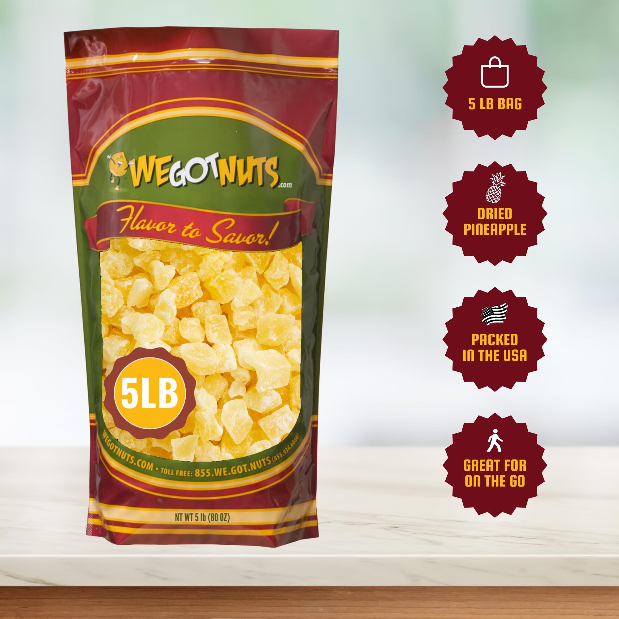 We Got Nuts Dried Pineapple Chunks | Freshly Packed Pineapple In A Perfectly Sealed Bag | Healthy Snack Full Of Vitamins, Minerals, Antioxidants, Fibers & Enzymes | Kosher Certified Dried Fruit (5Lb)