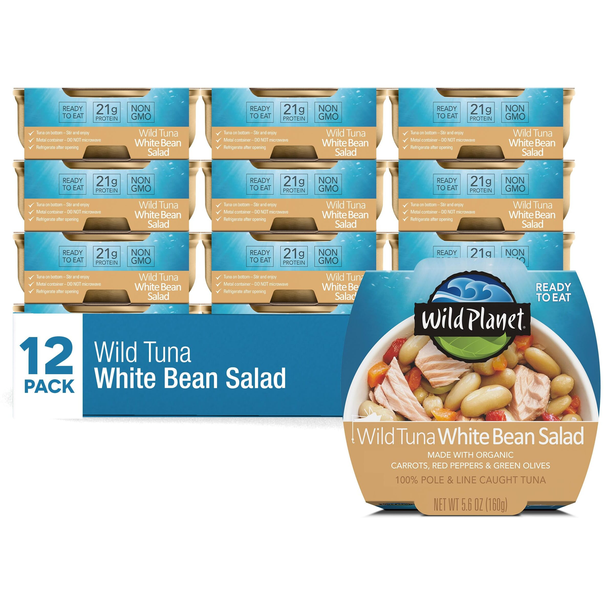 Wild Planet Ready-To-Eat Wild Tuna White Bean Salad With Organic Chickpeas, Carrots, Red Peppers & Green Olives 5.6Oz (Pack Of 12)