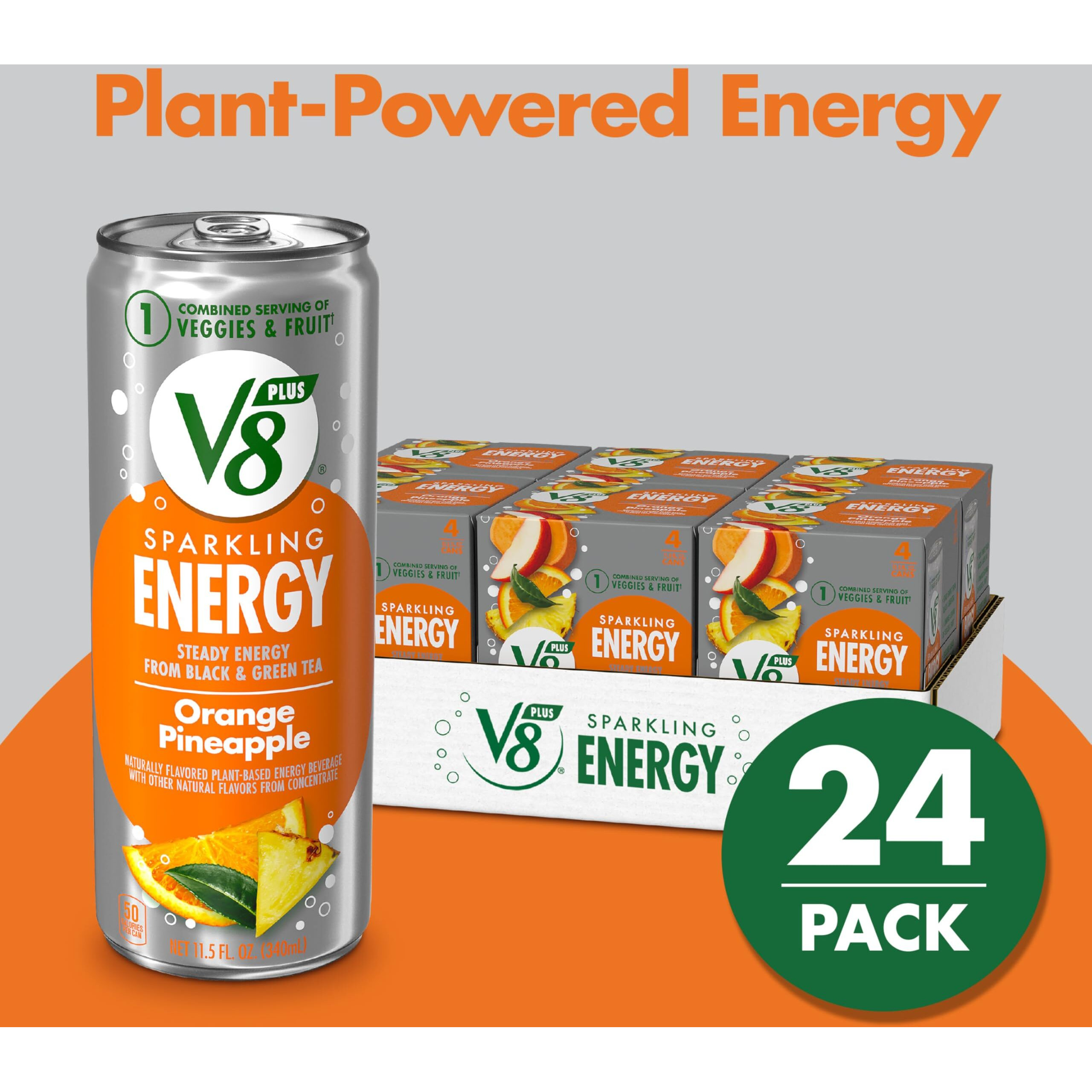 V8 +Energy Sparkling Orange Pineapple Juice Energy Drink, 11.5 Fl Oz Can (24 Pack)