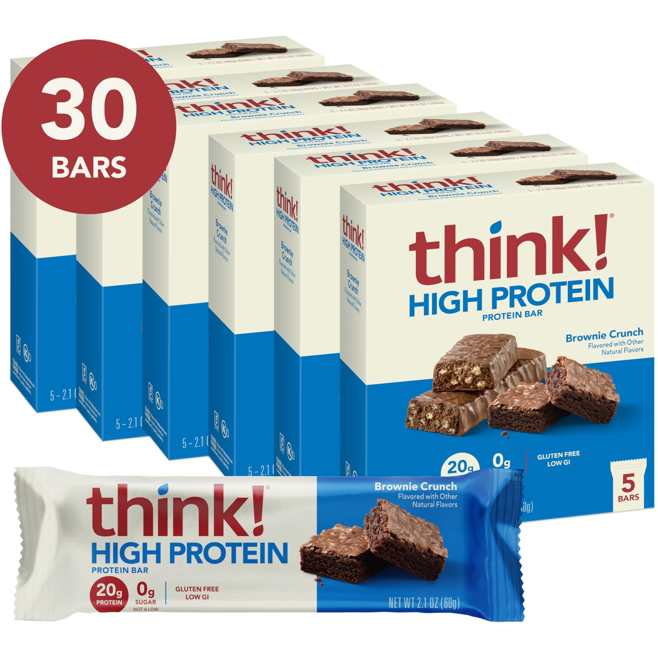 Think Protein Bars, High Protein Snacks, Gluten Free, Kosher Friendly, Brownie Crunch, Nutrition Bars, 2.1 Oz Per Bar, 30 Count (Packaging May Vary)