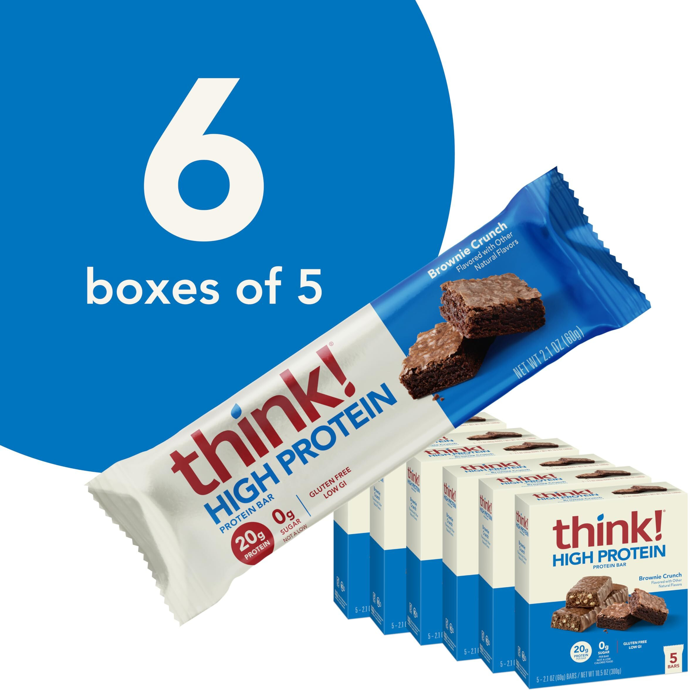 Think Protein Bars, High Protein Snacks, Gluten Free, Kosher Friendly, Brownie Crunch, Nutrition Bars, 2.1 Oz Per Bar, 30 Count (Packaging May Vary)