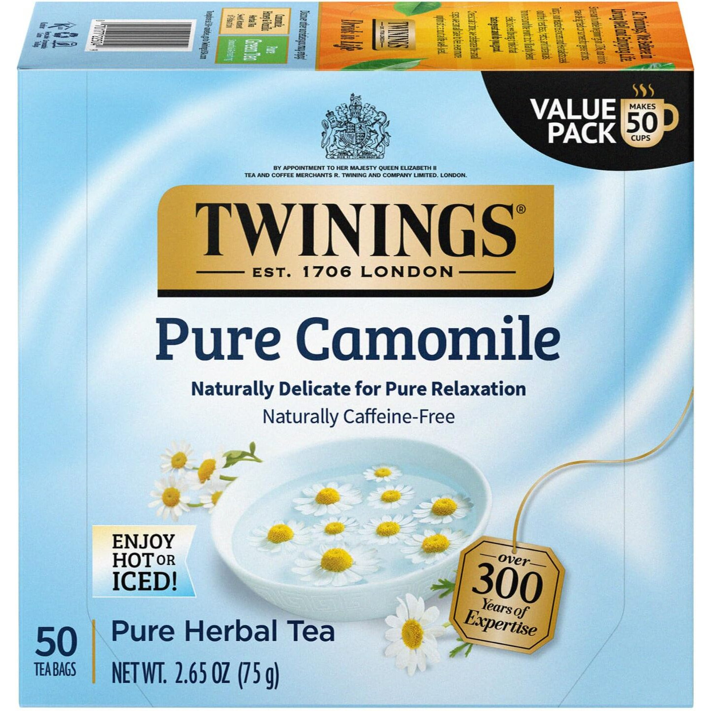 Twinings Pure Camomile Herbal Tea - Naturally Caffeine-Free Camomile Tea Bags Individually Wrapped, 50 Count Ea