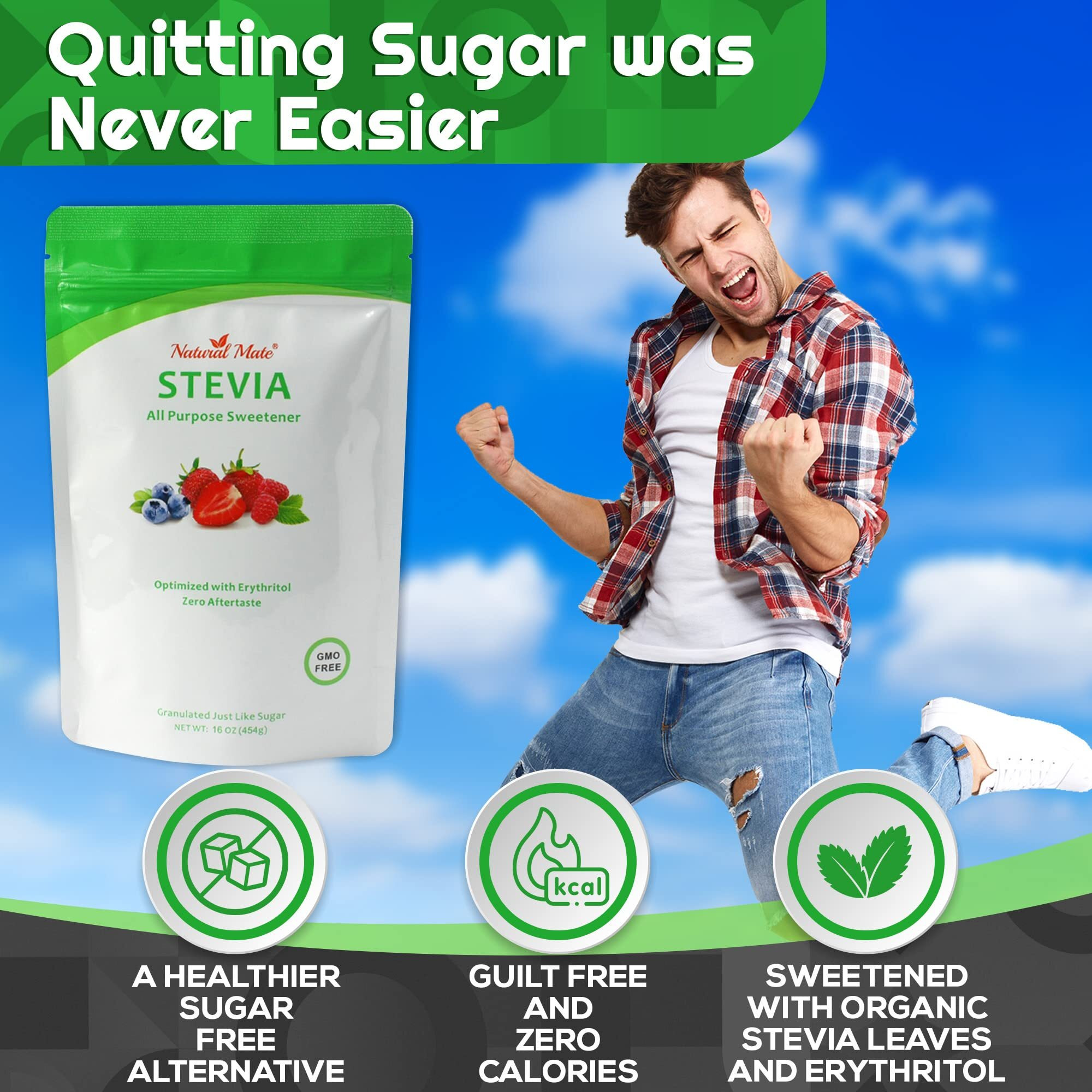 Natural Mate Zero Calorie Sweetener, 16 Oz - Organic Stevia Granular Powder Blended With Erythritol - 21 Sugar Replacement For Keto, Paleo, Low Gi