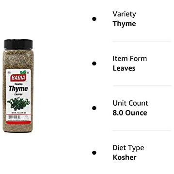 Badia 8 Oz Whole Thyme Leaves/ Tomillo Entero Gluten Free Kosher