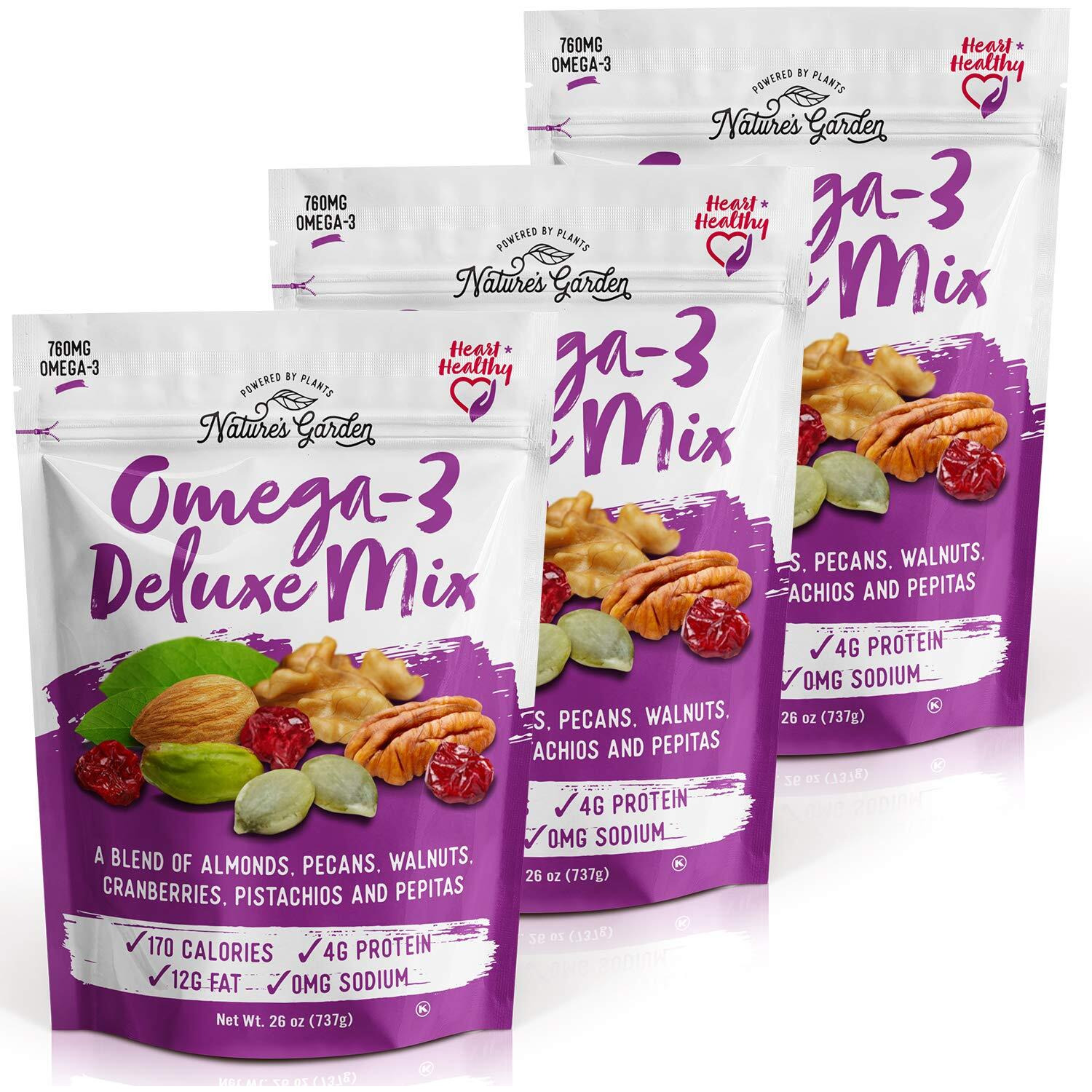 Nature's Garden Omega-3 Deluxe Mix - Power Up Omega Deluxe Trail Mix, Heart Healthy, Gluten Free, Antioxidant Rich, Cholesterol Free, Sodium Free, No Artificial Ingredients - 26 Oz Bag (Pack Of 3)