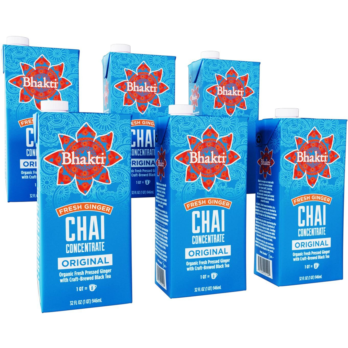 Bhakti Chai Fresh Ginger & Black Tea Concentrate, Original, Vegan, Organic, Fair Trade, Kosher, Gluten-Free, & All-Natural Clean Ingredients, 32 Ounce Cartons (Pack Of 6)