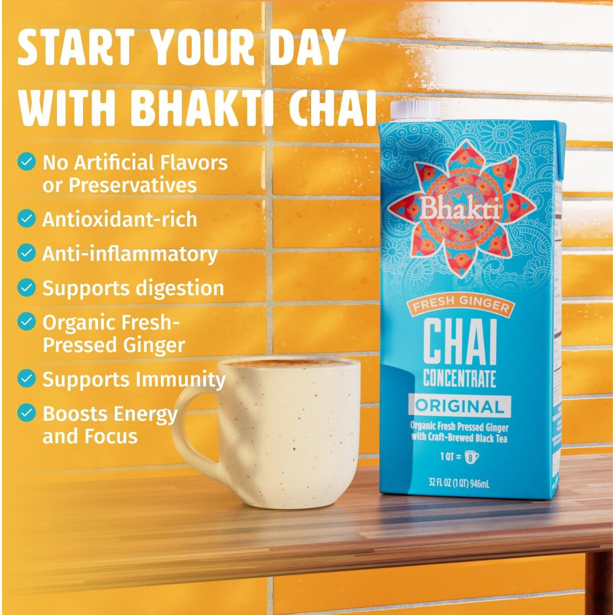 Bhakti Chai Fresh Ginger & Black Tea Concentrate, Original, Vegan, Organic, Fair Trade, Kosher, Gluten-Free, & All-Natural Clean Ingredients, 32 Ounce Cartons (Pack Of 6)