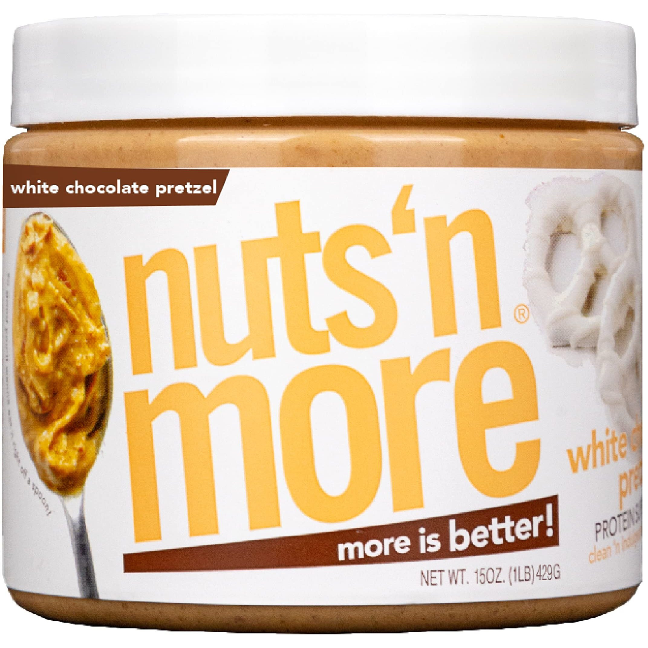 Nuts N More White Chocolate Pretzel Peanut Butter Spread, Added Protein All Natural Snack, Low Carb, Low Sugar, Non-Gmo, High Protein Flavored Nut Butter (15 Oz Jar)