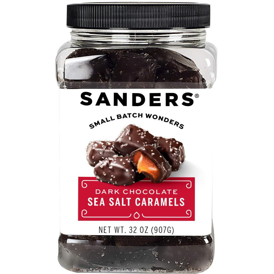 Sanders Dark Chocolate Sea Salt Caramels (32 Oz Tub) - Handcrafted Small Batch Slow Cooked Caramel, Sea Salt Dark Chocolate With Rich Indulgent Flavor, Sweet & Salty
