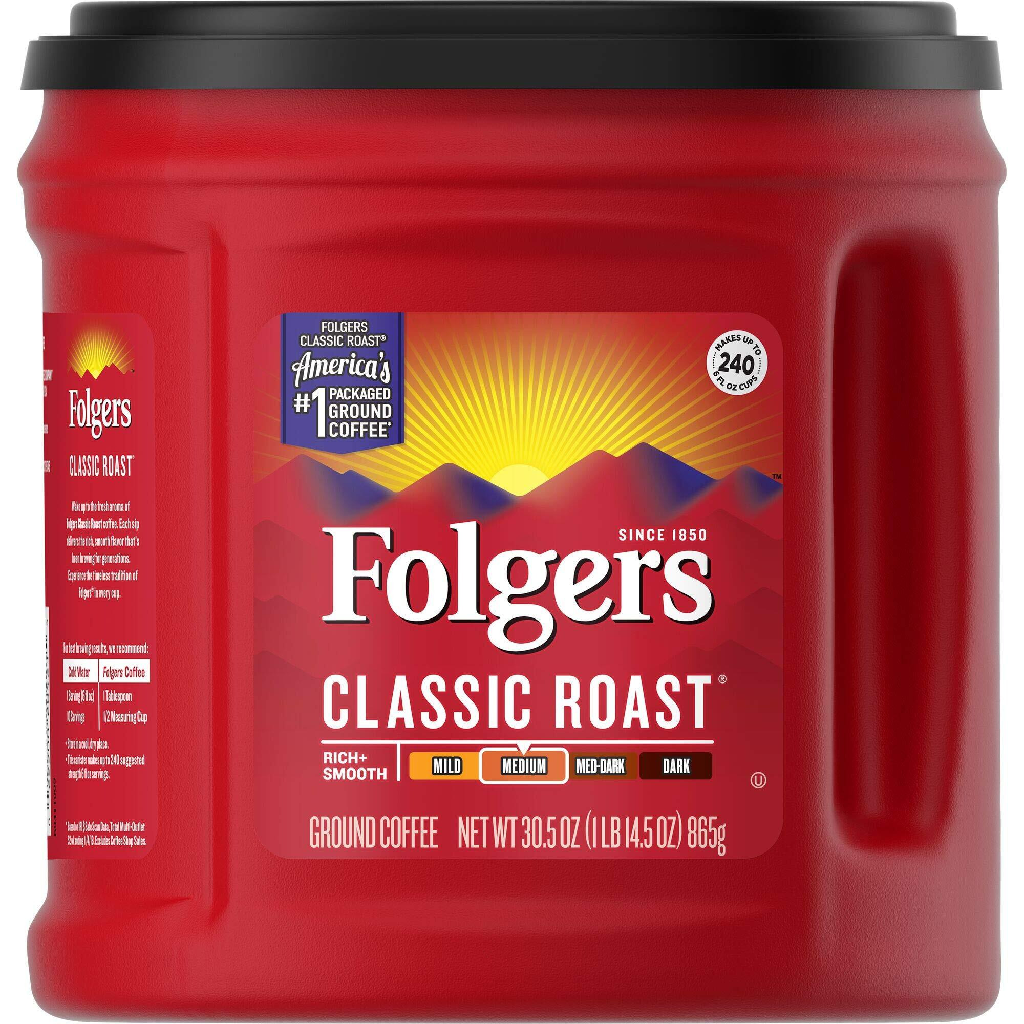 Folgers Classic Roast Medium Roast Ground Coffee, 30.5 Ounces (Pack Of 6)